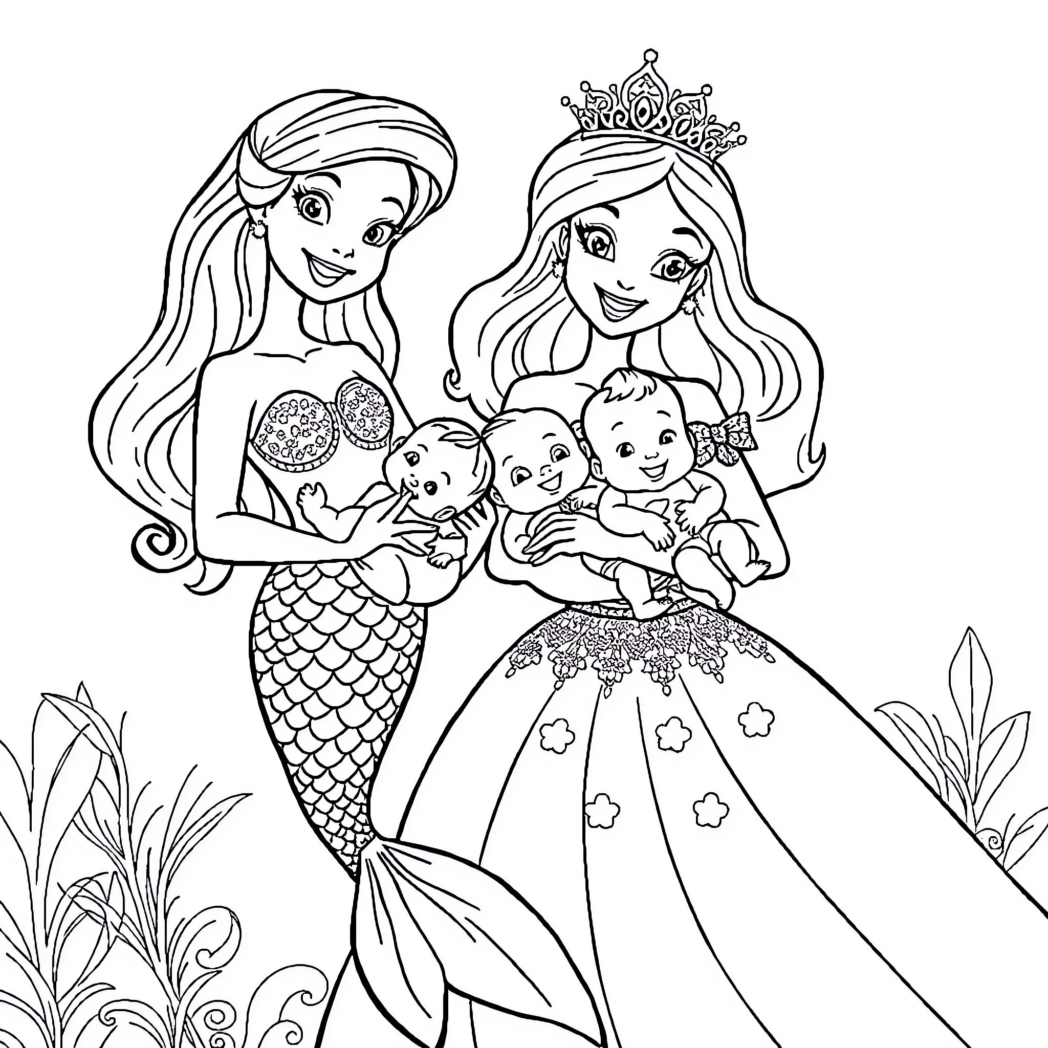 Mermaid sisters with triplet babies enjoying the sea Coloring Page (free black-and-white line drawing printable PDF for all, from beginners to advanced learners, including children, teens, adults, and seniors)
