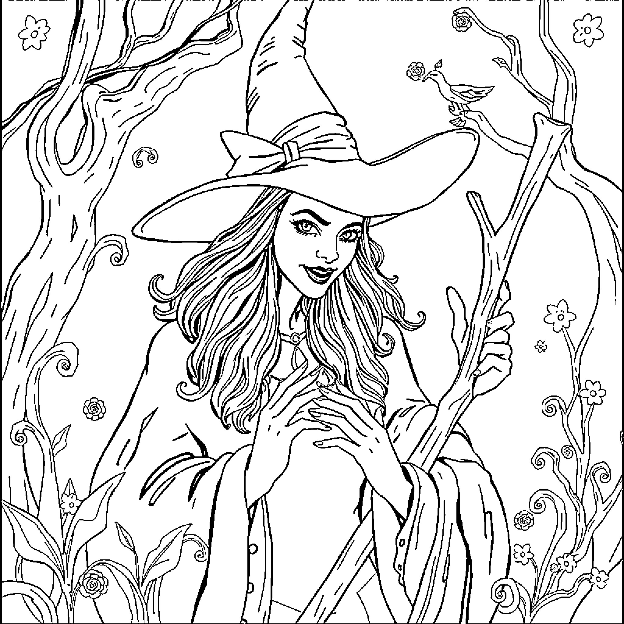 Wicked Witch in the Enchanted Forest Coloring Page (free black-and-white line drawing printable PDF for all, from beginners to advanced learners, including children, teens, adults, and seniors)