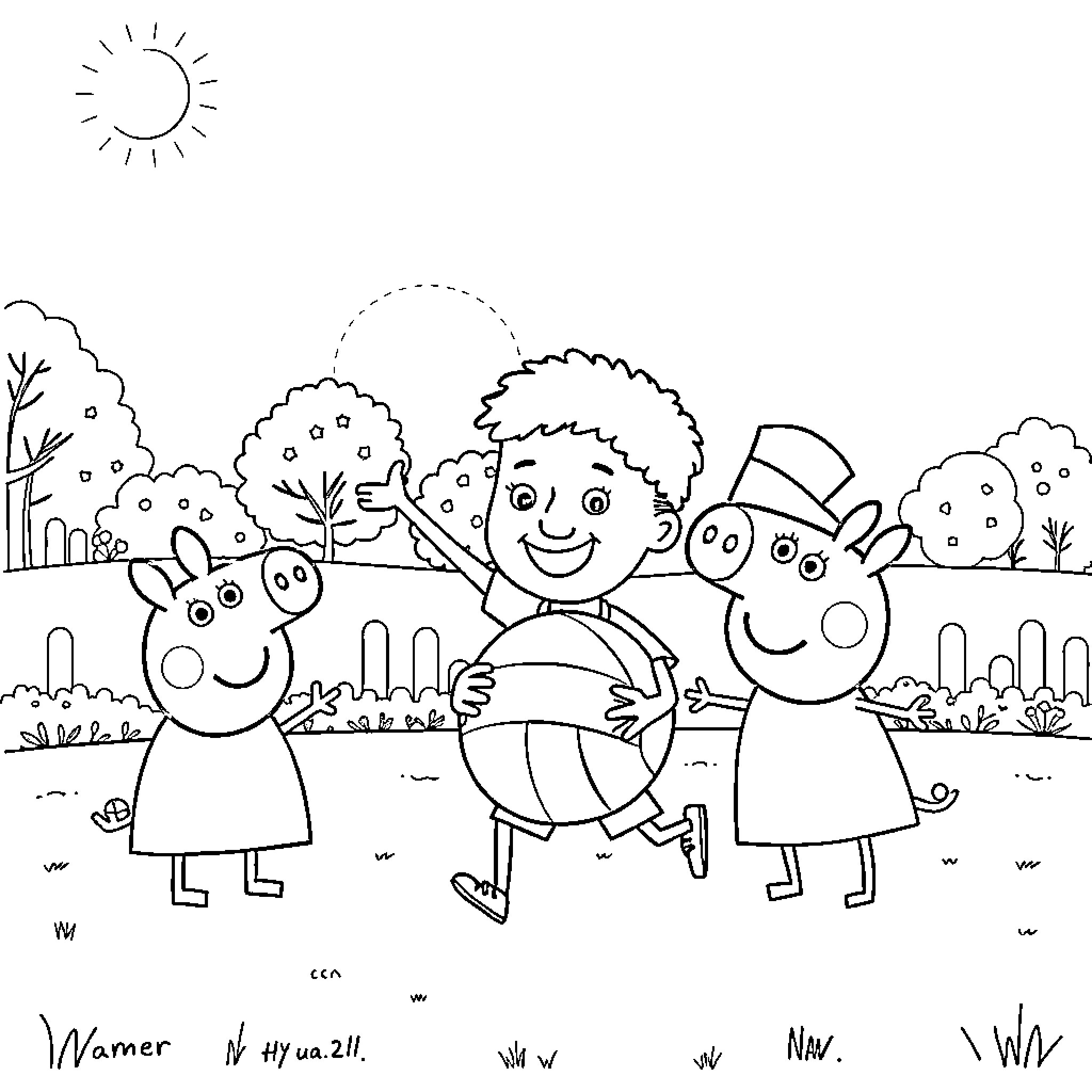 Child playing with friends in the park Coloring Page (free black-and-white line drawing printable PDF for all, from beginners to advanced learners, including children, teens, adults, and seniors)