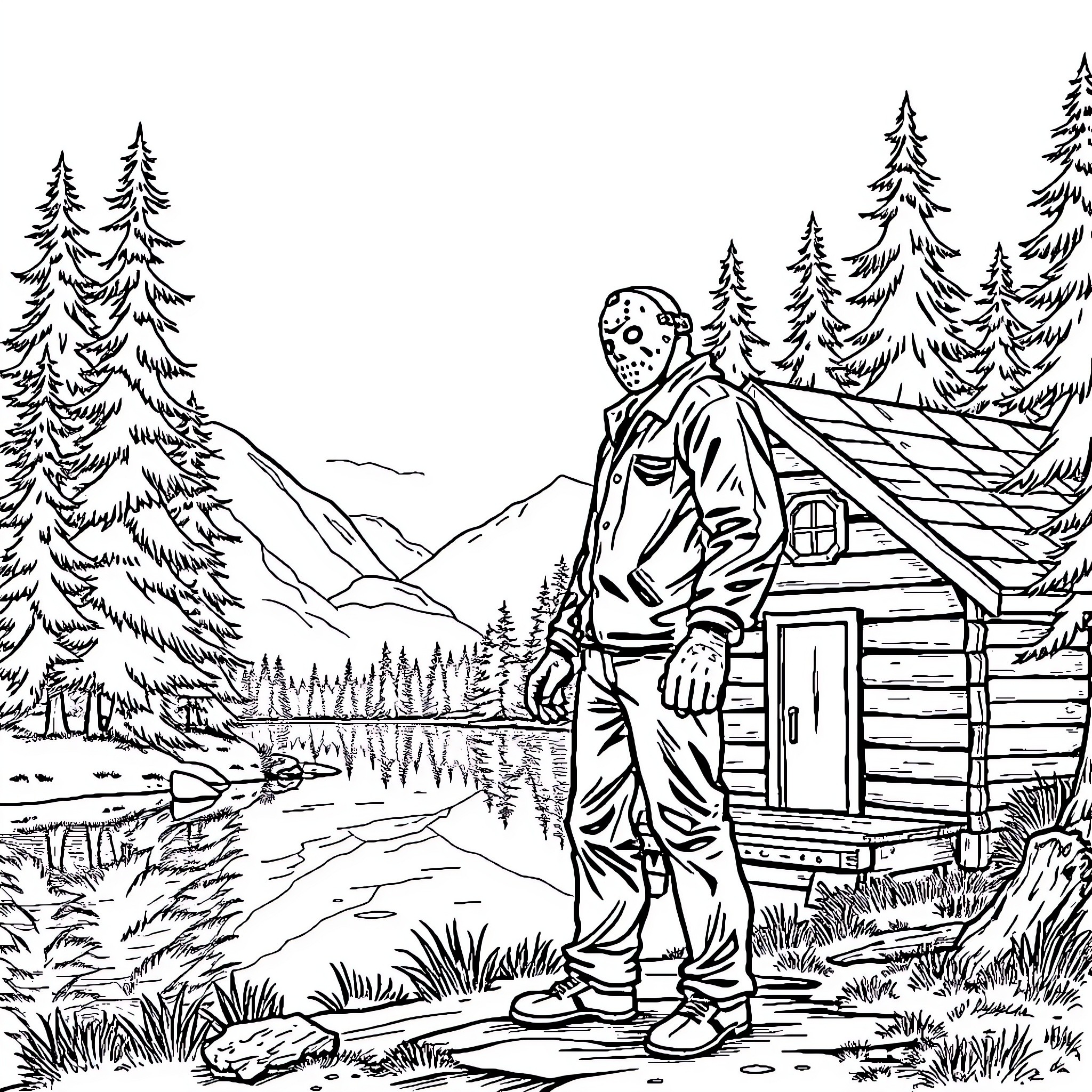 Jason Voorhees standing menacingly near a remote cabin in the woods Coloring Page (free black-and-white line drawing printable PDF for all, from beginners to advanced learners, including children, teens, adults, and seniors)