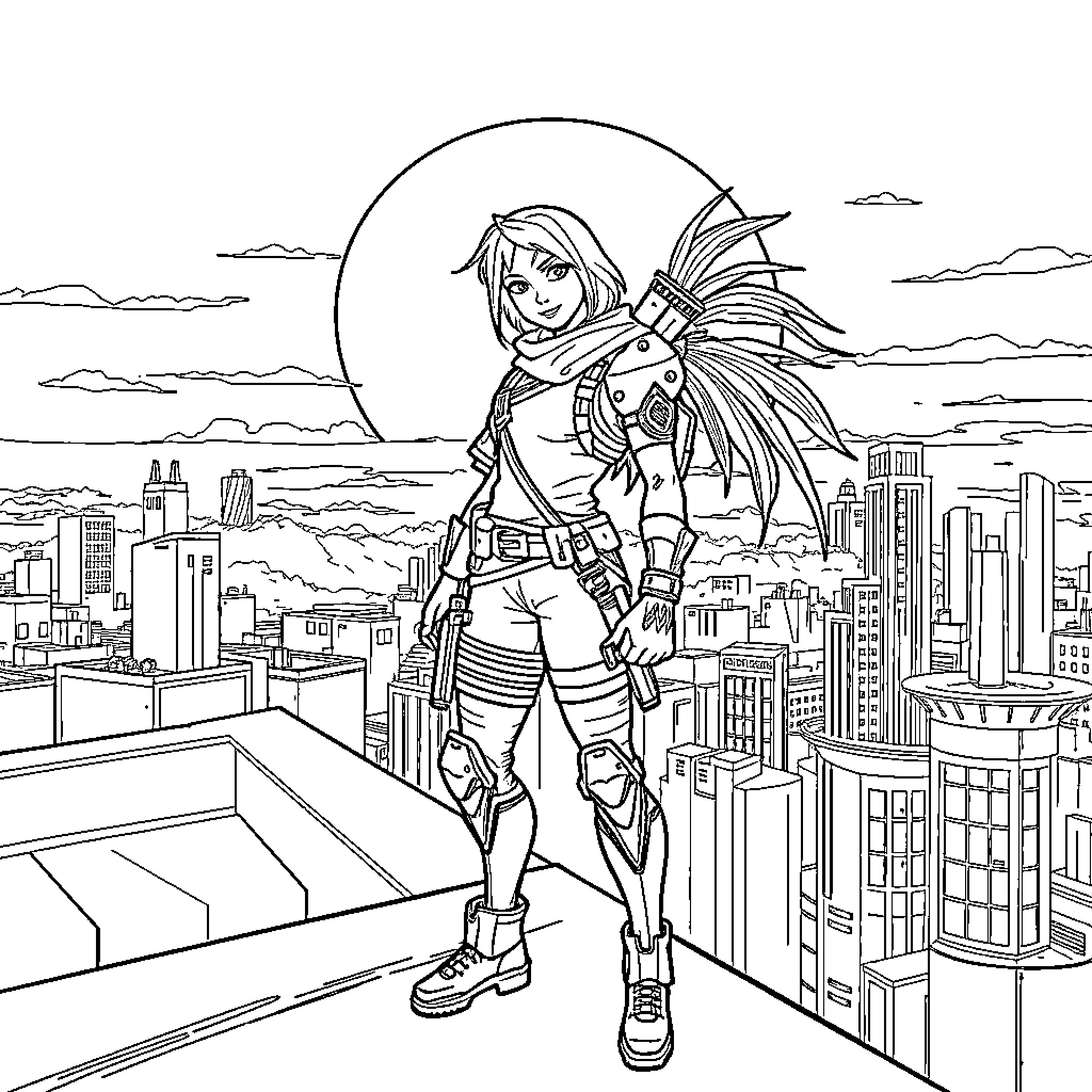 Sparrow heroically surveying the cityscape Coloring Page (free black-and-white line drawing printable PDF for all, from beginners to advanced learners, including children, teens, adults, and seniors)
