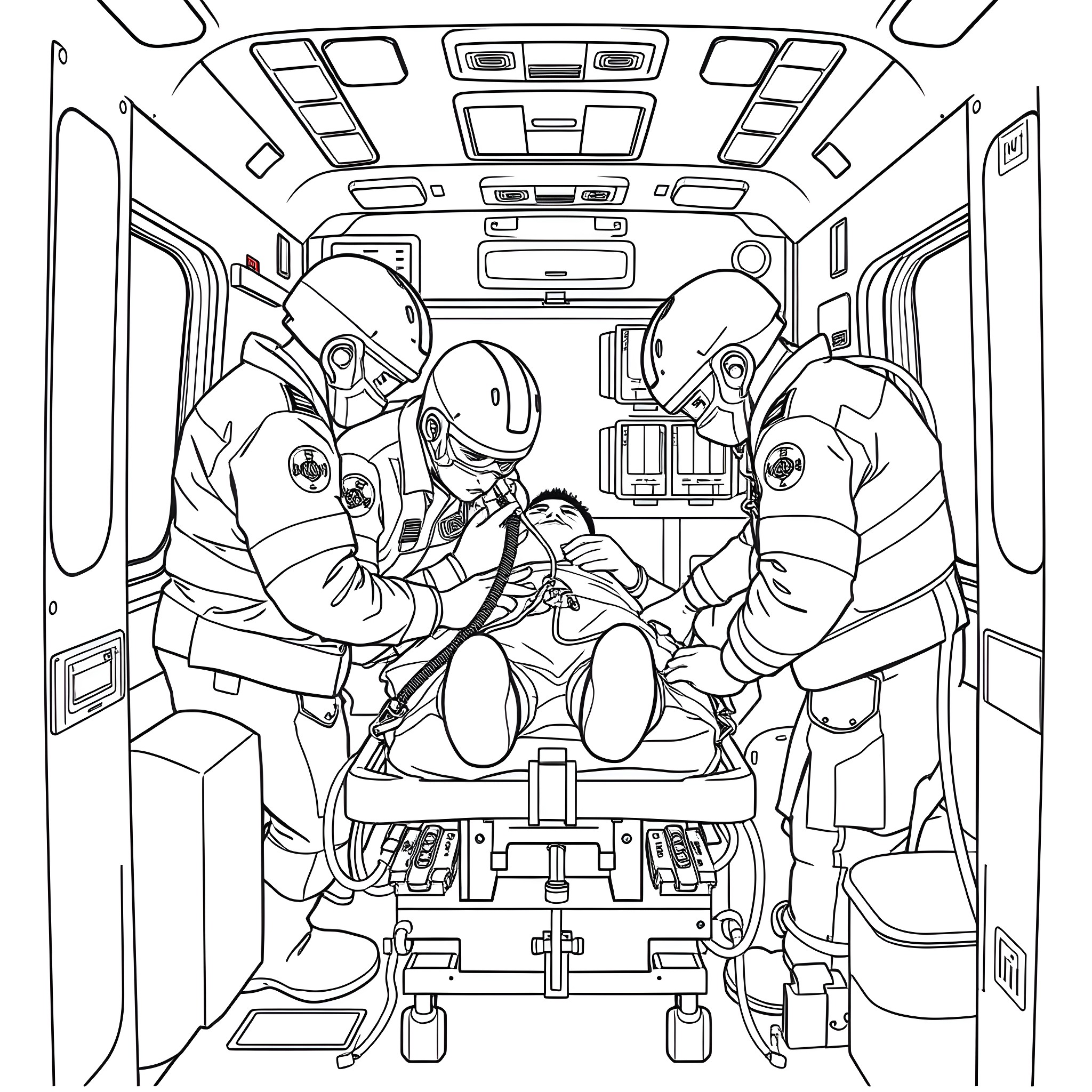 Paramedics providing emergency care in ambulance Coloring Page (free black-and-white line drawing printable PDF for all, from beginners to advanced learners, including children, teens, adults, and seniors)