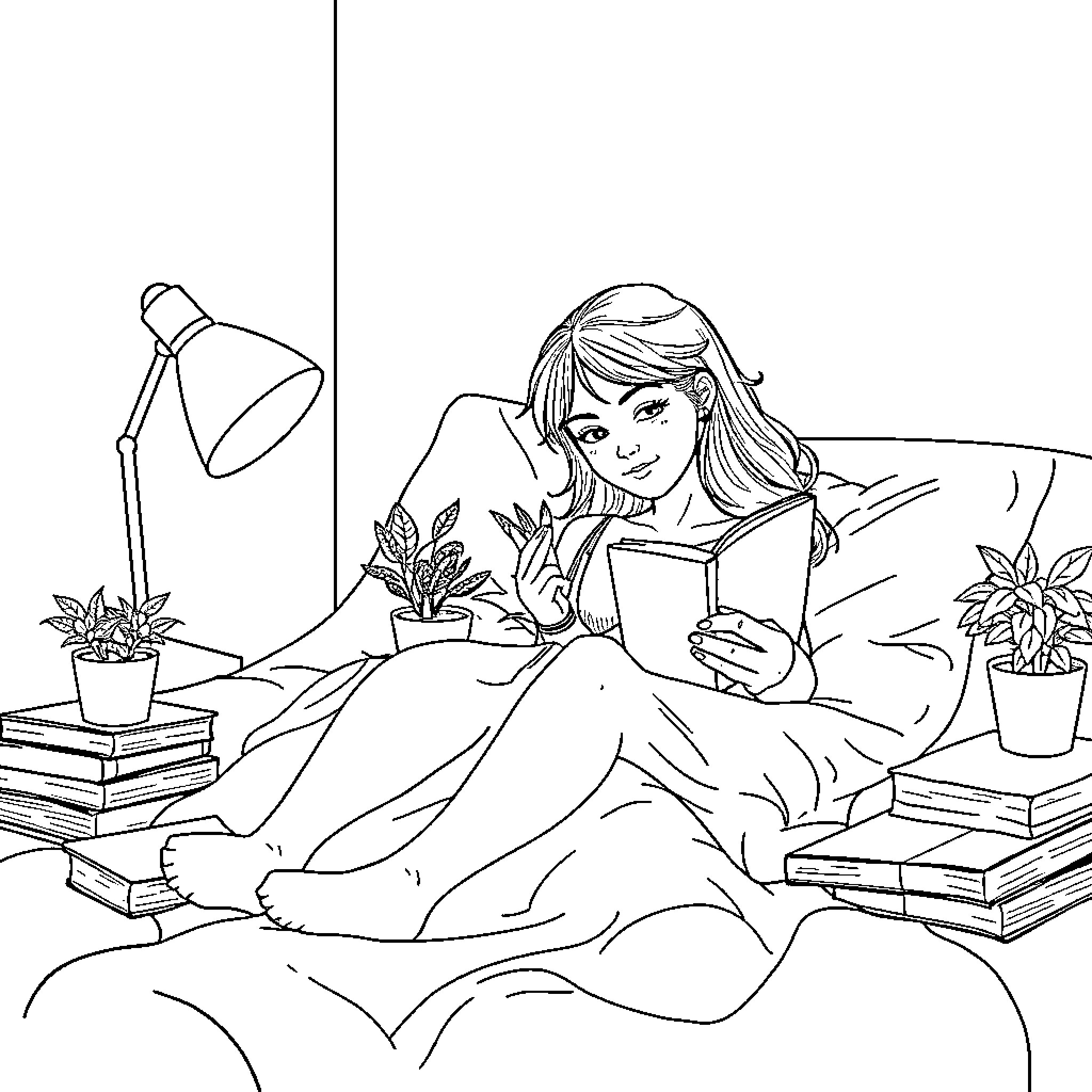 Estudiante estudiando y leyendo en una acogedora habitación Coloring Page (free black-and-white line drawing printable PDF for all, from beginners to advanced learners, including children, teens, adults, and seniors)