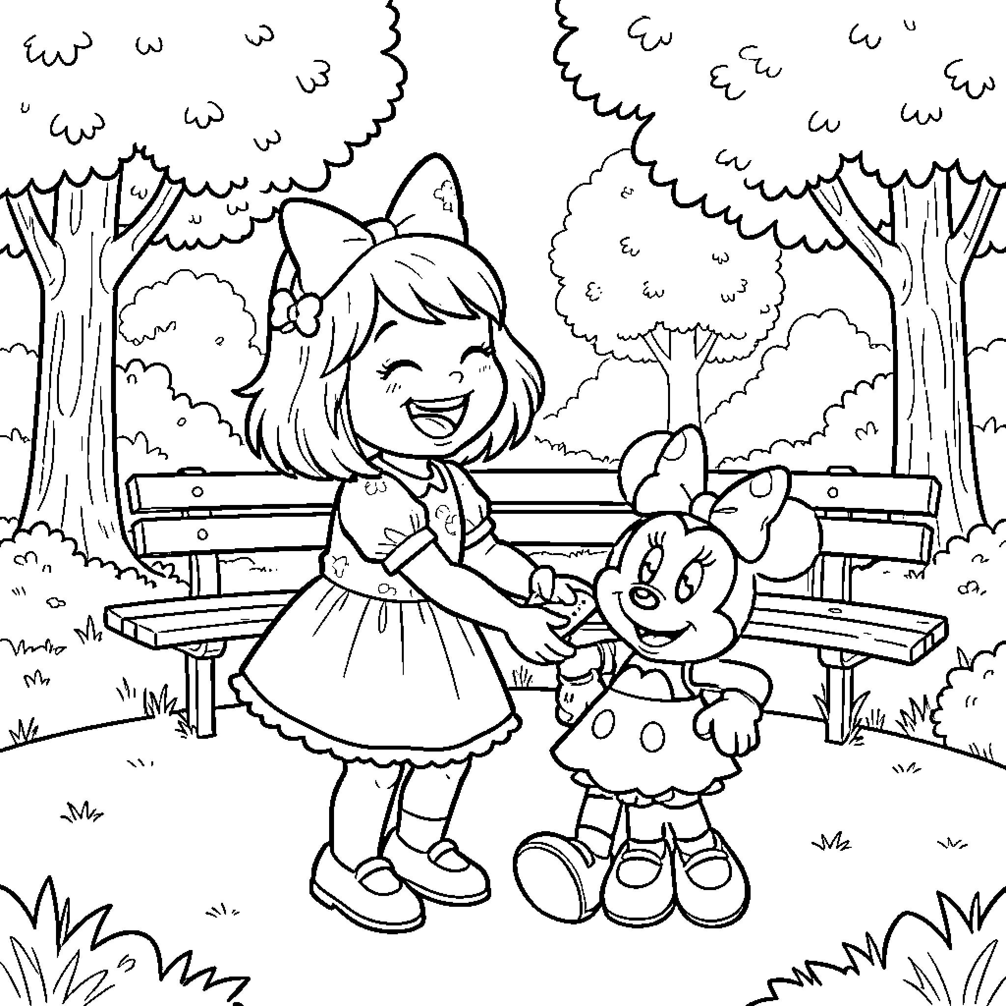 Nina's Friendly Adventure in the Enchanted Forest Coloring Page (free black-and-white line drawing printable PDF for all, from beginners to advanced learners, including children, teens, adults, and seniors)