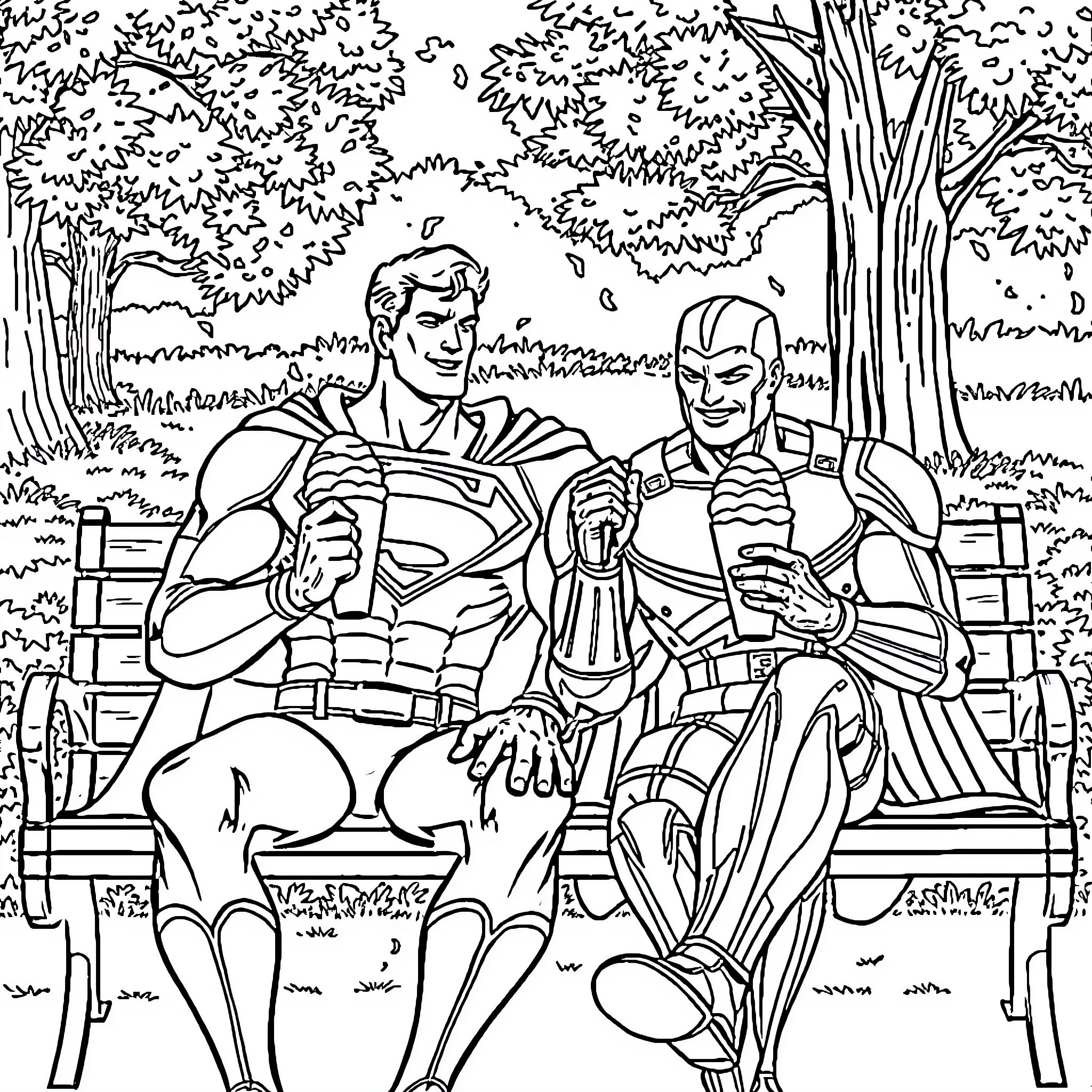 Superman and a friend relaxing in a park Coloring Page (free black-and-white line drawing printable PDF for all, from beginners to advanced learners, including children, teens, adults, and seniors)