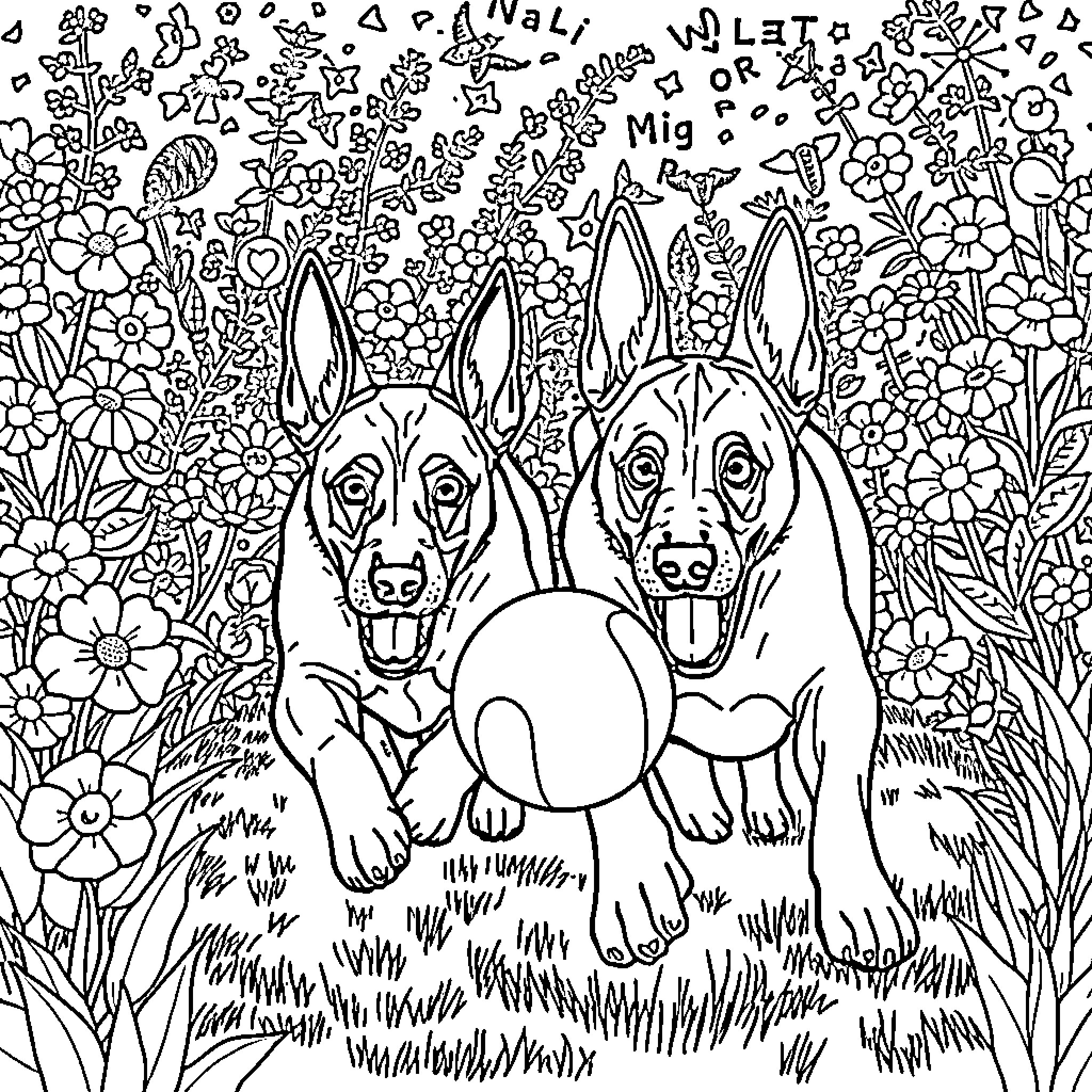 Belgian Malinois playing playfully in a floral field Coloring Page (free black-and-white line drawing printable PDF for all, from beginners to advanced learners, including children, teens, adults, and seniors)