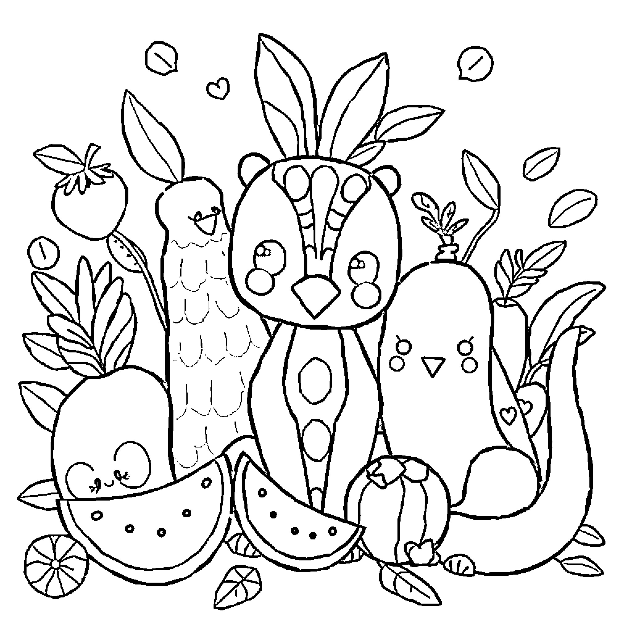Animal characters in whimsical nature scene Coloring Page (free black-and-white line drawing printable PDF for all, from beginners to advanced learners, including children, teens, adults, and seniors)