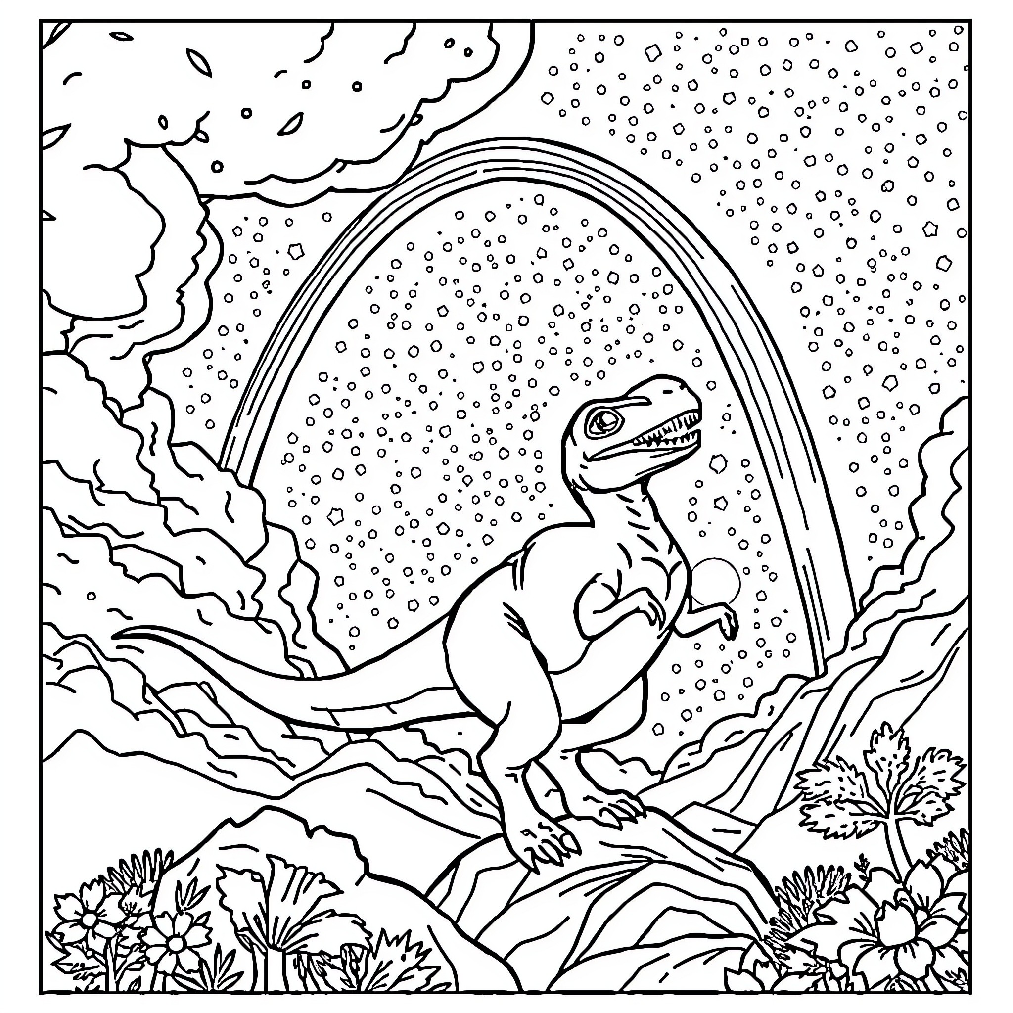 Dinosaur playing in snowy winter landscape Coloring Page (free black-and-white line drawing printable PDF for all, from beginners to advanced learners, including children, teens, adults, and seniors)