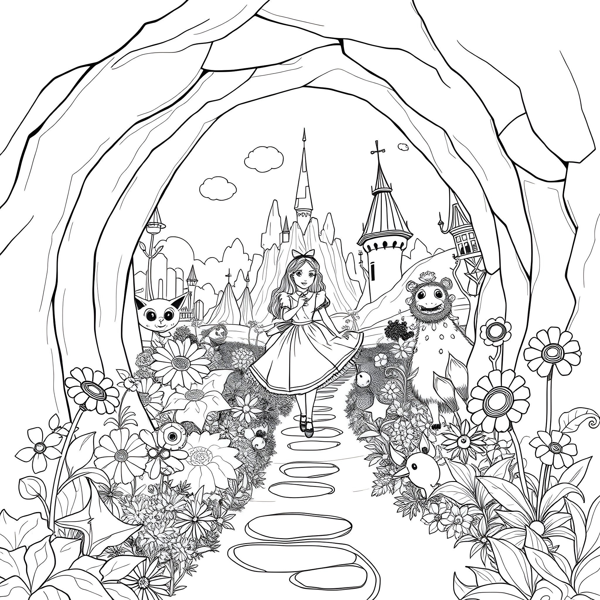 Alice's Adventure in a Whimsical Wonderland Coloring Page (free black-and-white line drawing printable PDF for all, from beginners to advanced learners, including children, teens, adults, and seniors)