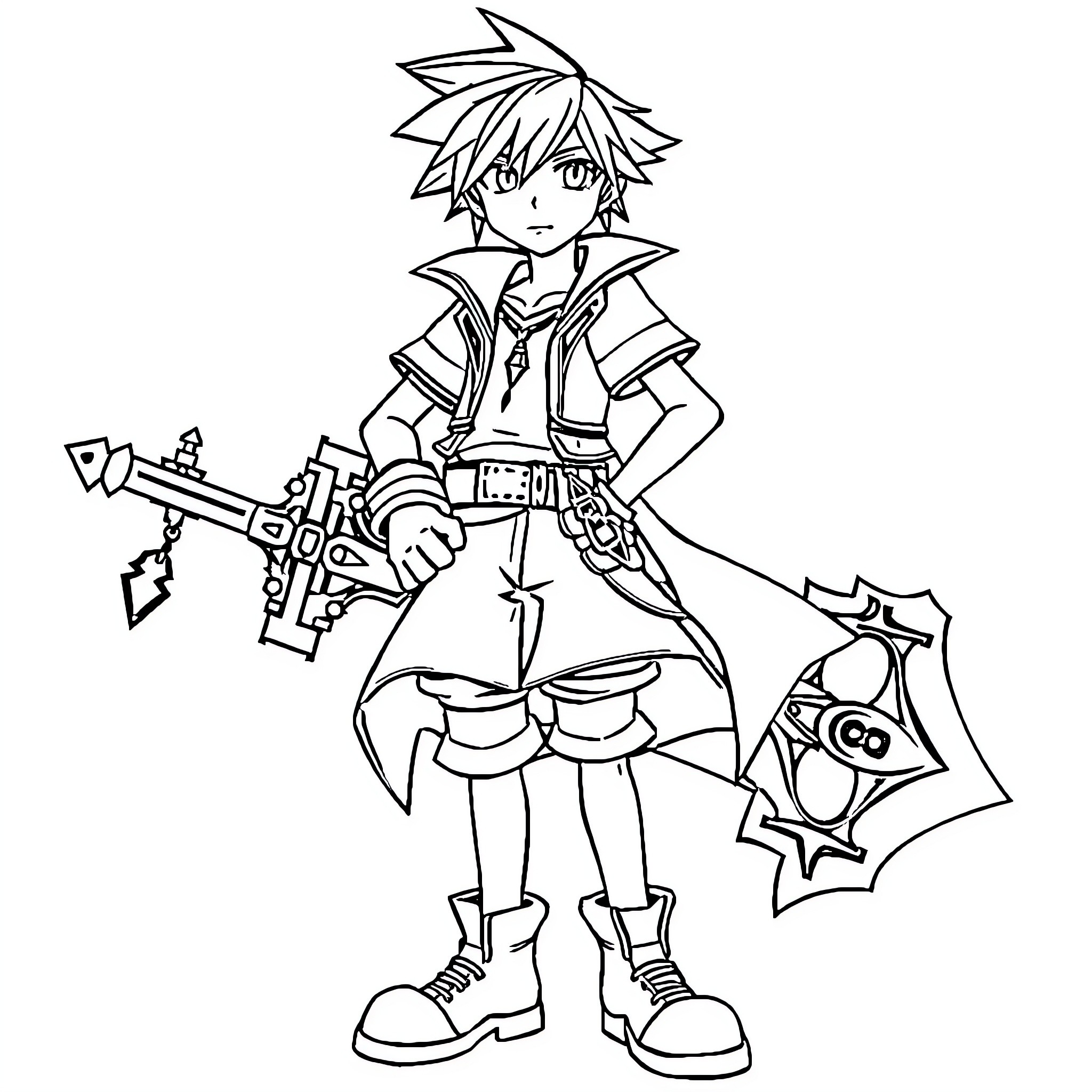 Sora holding a keyblade and shield in battle stance Coloring Page (free black-and-white line drawing printable PDF for all, from beginners to advanced learners, including children, teens, adults, and seniors)