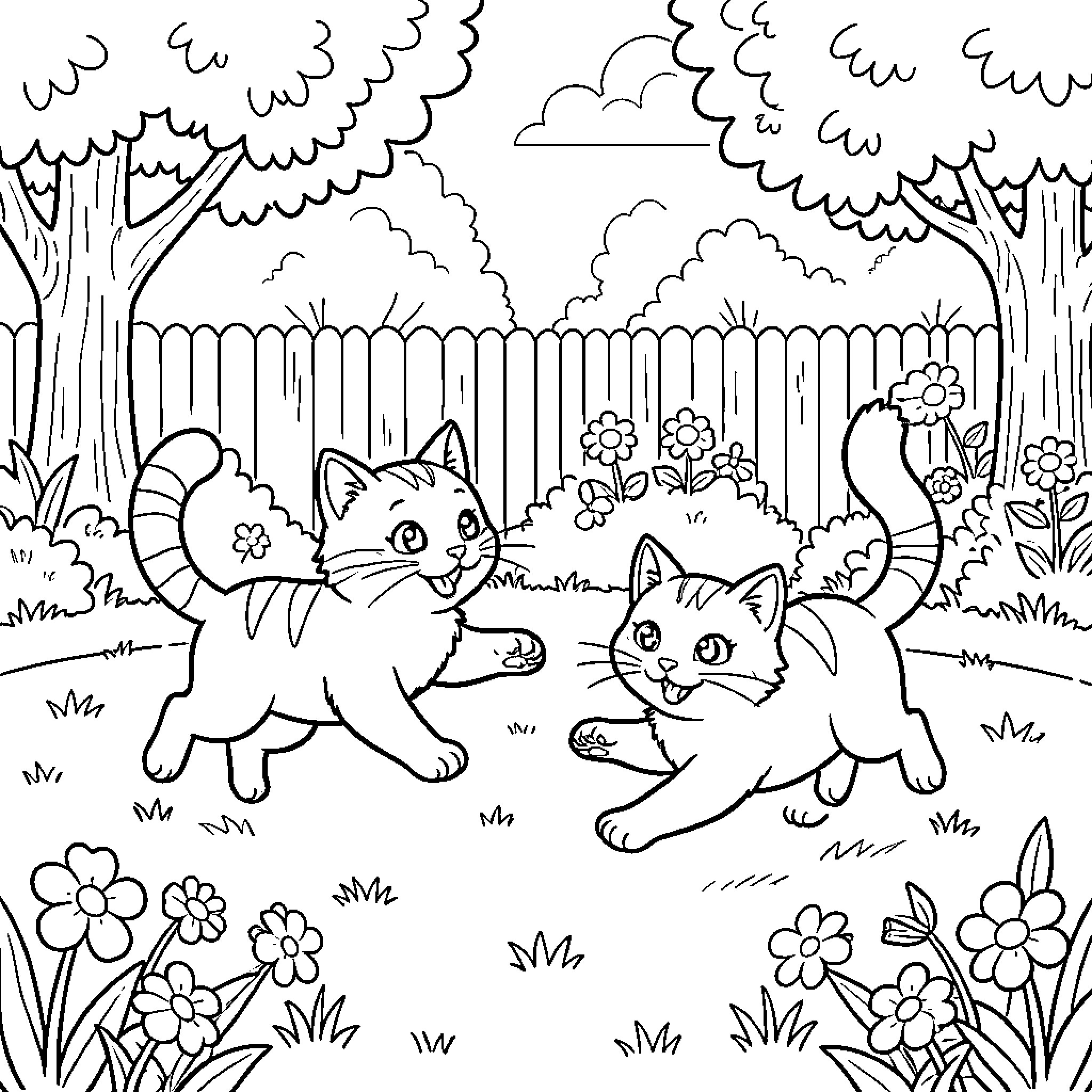 Kittens Playing Joyfully in the Enchanted Forest Coloring Page (free black-and-white line drawing printable PDF for all, from beginners to advanced learners, including children, teens, adults, and seniors)