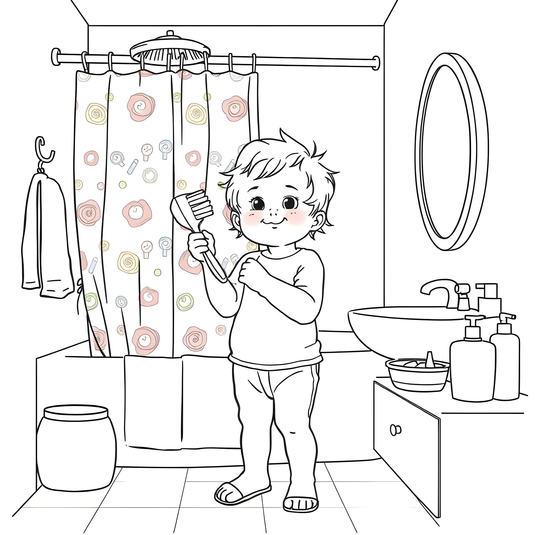 Kid brushing teeth happily in the bathroom Coloring Page (free black-and-white line drawing printable PDF for all, from beginners to advanced learners, including children, teens, adults, and seniors)