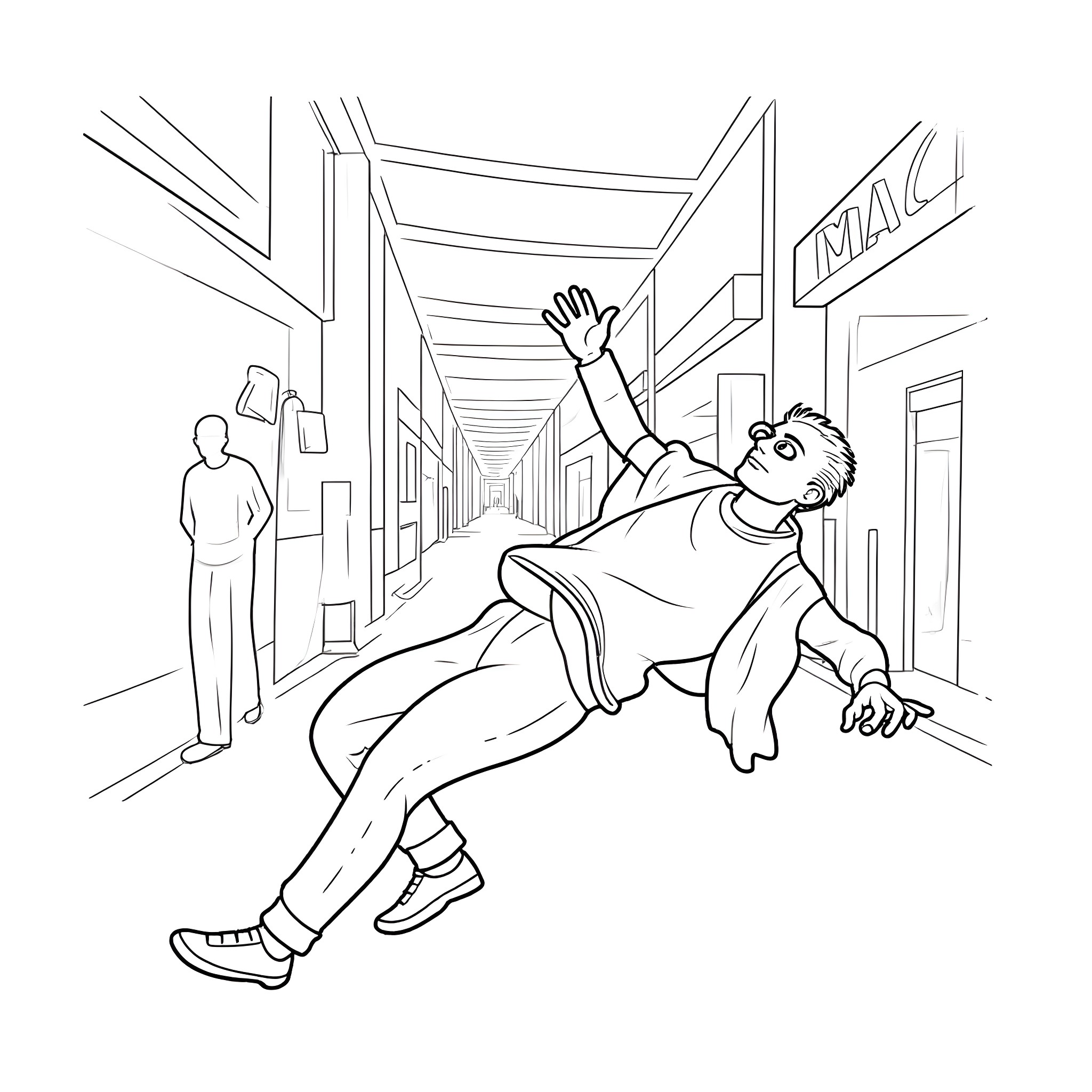 Guy excitedly running down the hallway Coloring Page (free black-and-white line drawing printable PDF for all, from beginners to advanced learners, including children, teens, adults, and seniors)