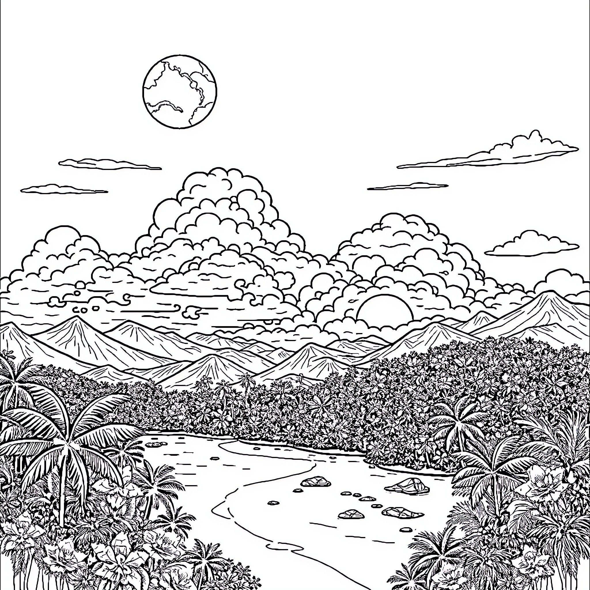 Airplane flying over tropical landscape Coloring Page (free black-and-white line drawing printable PDF for all, from beginners to advanced learners, including children, teens, adults, and seniors)