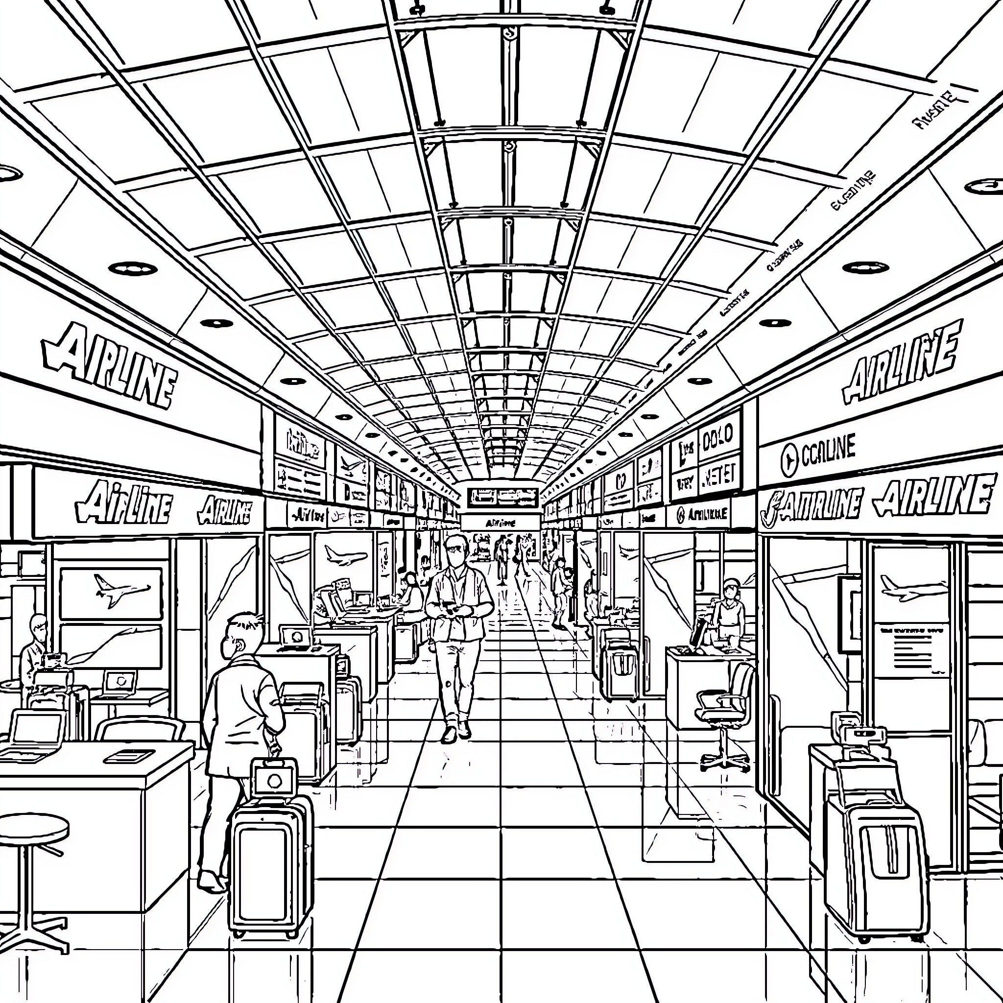 Mall Interior with Airline Shops and Passengers Coloring Page (free black-and-white line drawing printable PDF for all, from beginners to advanced learners, including children, teens, adults, and seniors)