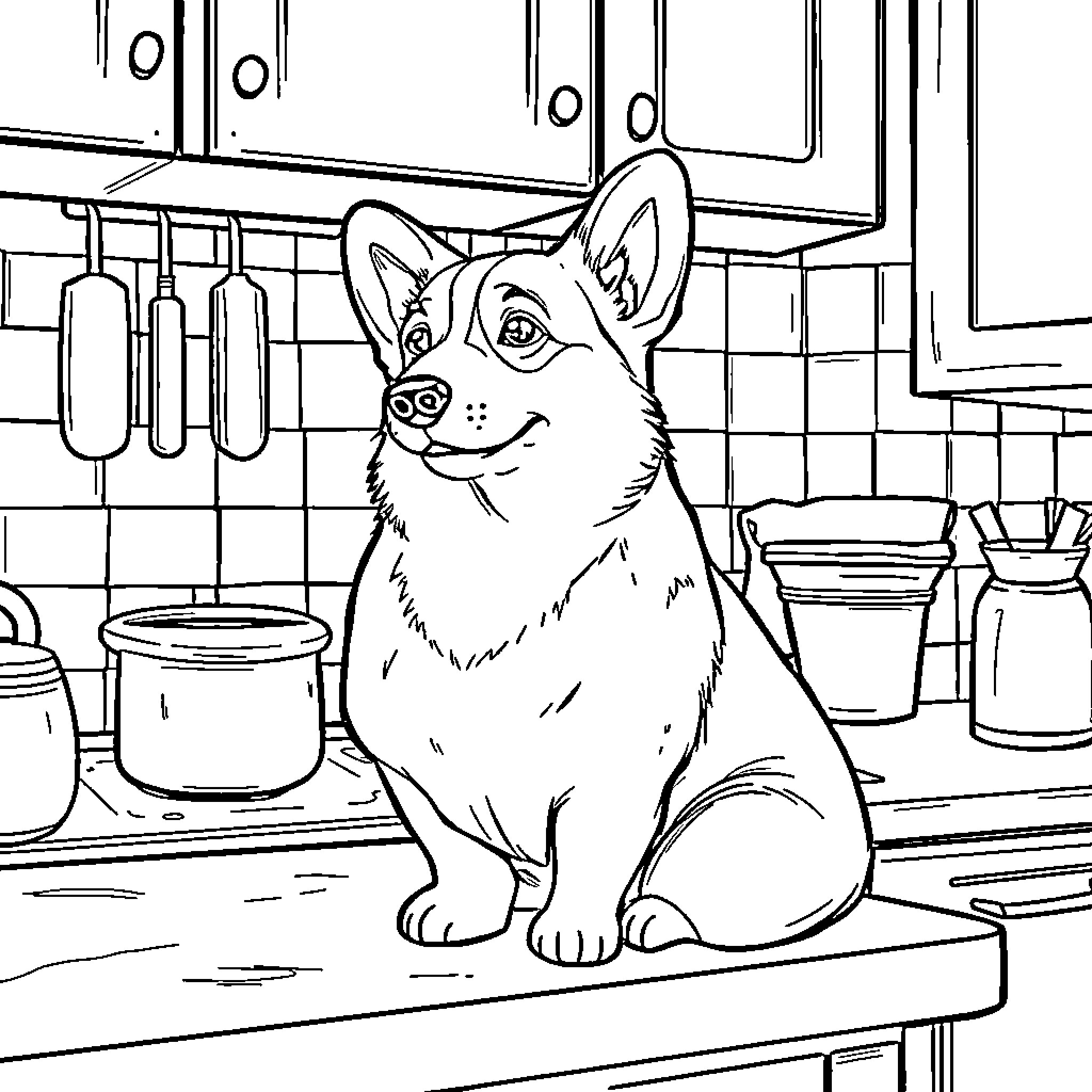 Corgi sitting on kitchen counter Coloring Page (free black-and-white line drawing printable PDF for all, from beginners to advanced learners, including children, teens, adults, and seniors)