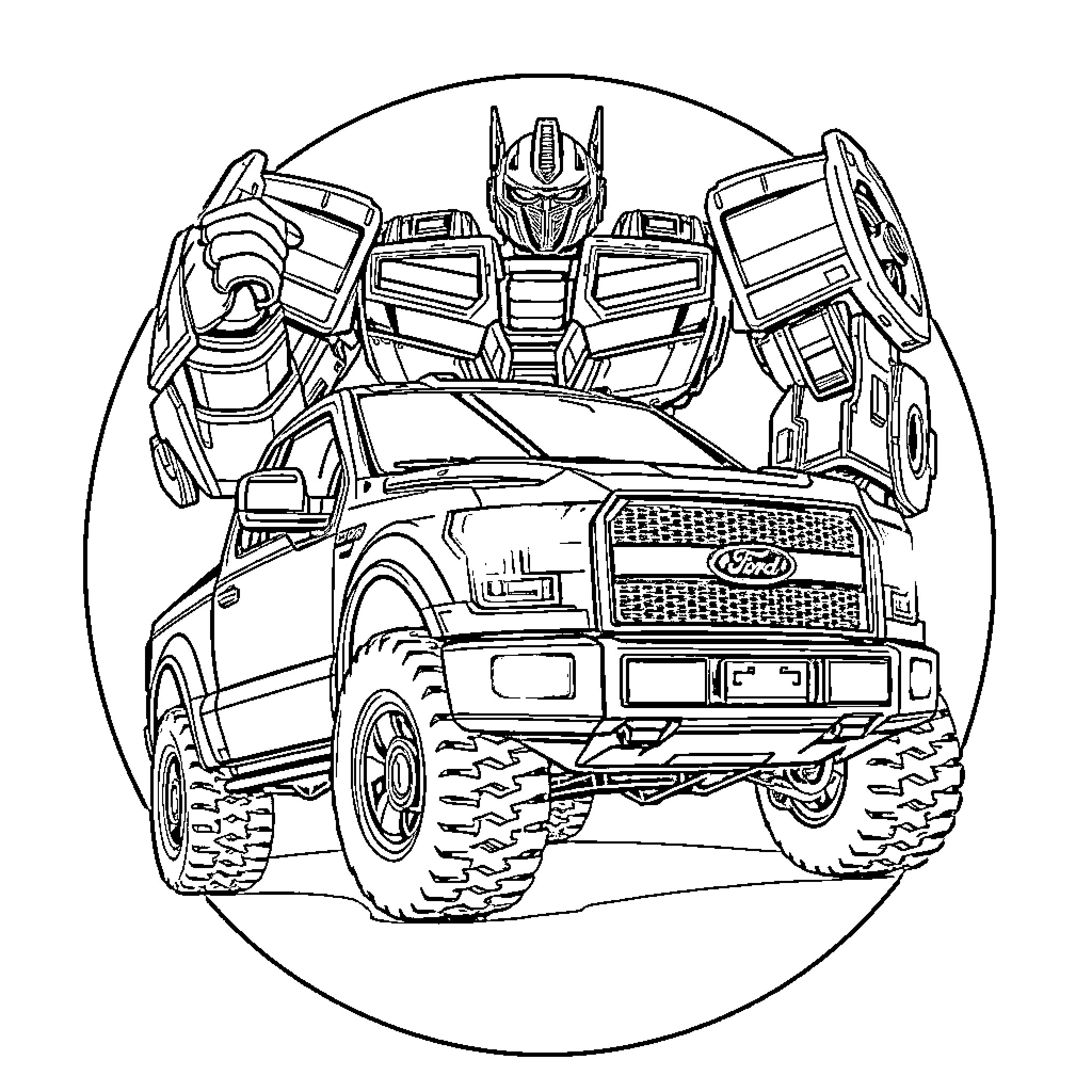 Ford Truck Transforming into Robotic Warrior Coloring Page (free black-and-white line drawing printable PDF for all, from beginners to advanced learners, including children, teens, adults, and seniors)