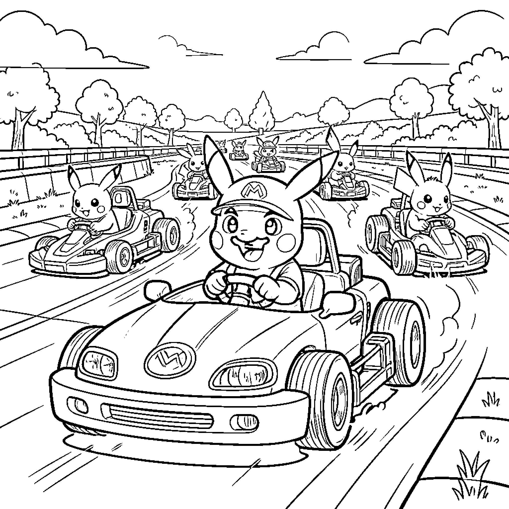 Pokémon Characters Racing in Go-Karts Coloring Page (free black-and-white line drawing printable PDF for all, from beginners to advanced learners, including children, teens, adults, and seniors)