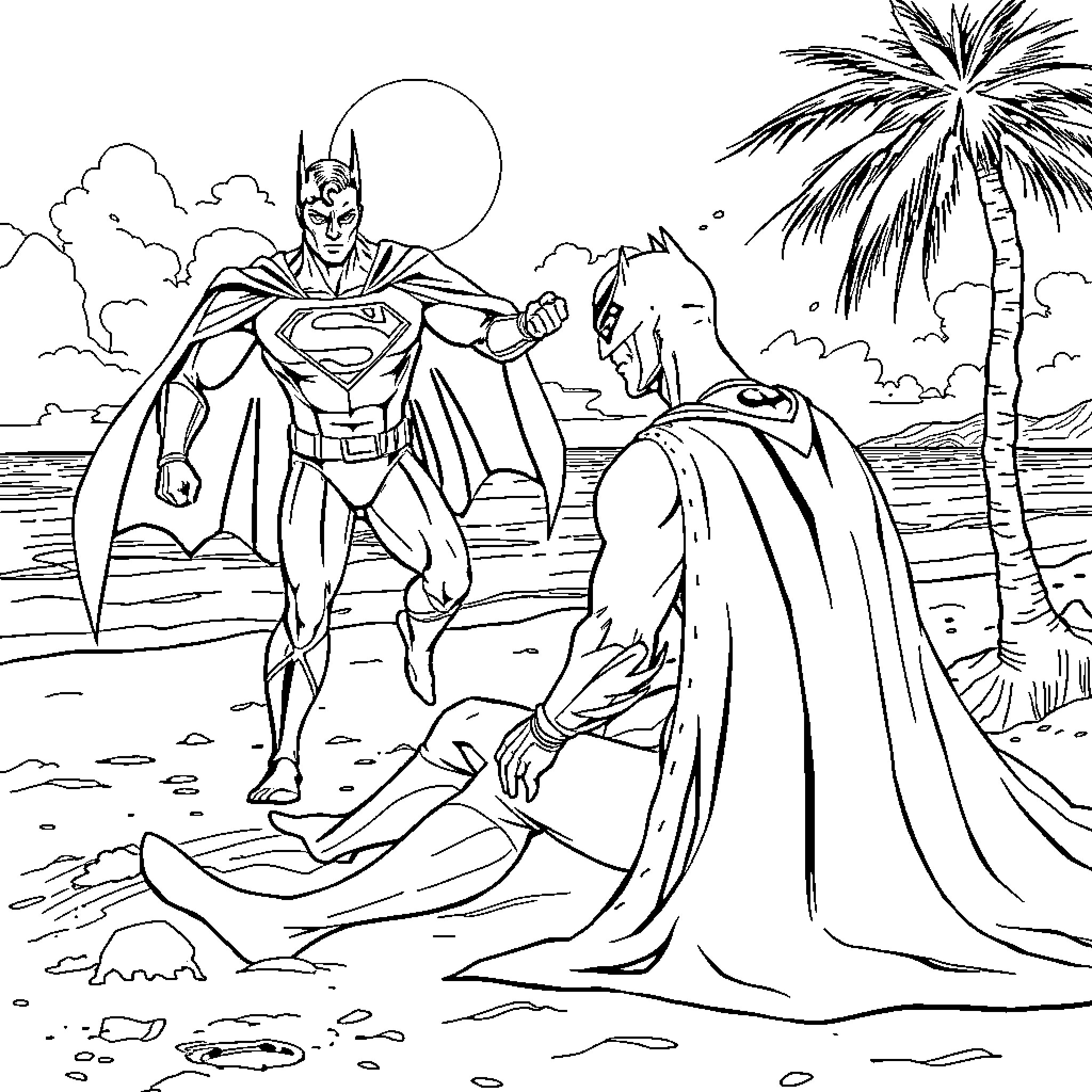 Superman heroically rescues a person on the beach Coloring Page (free black-and-white line drawing printable PDF for all, from beginners to advanced learners, including children, teens, adults, and seniors)