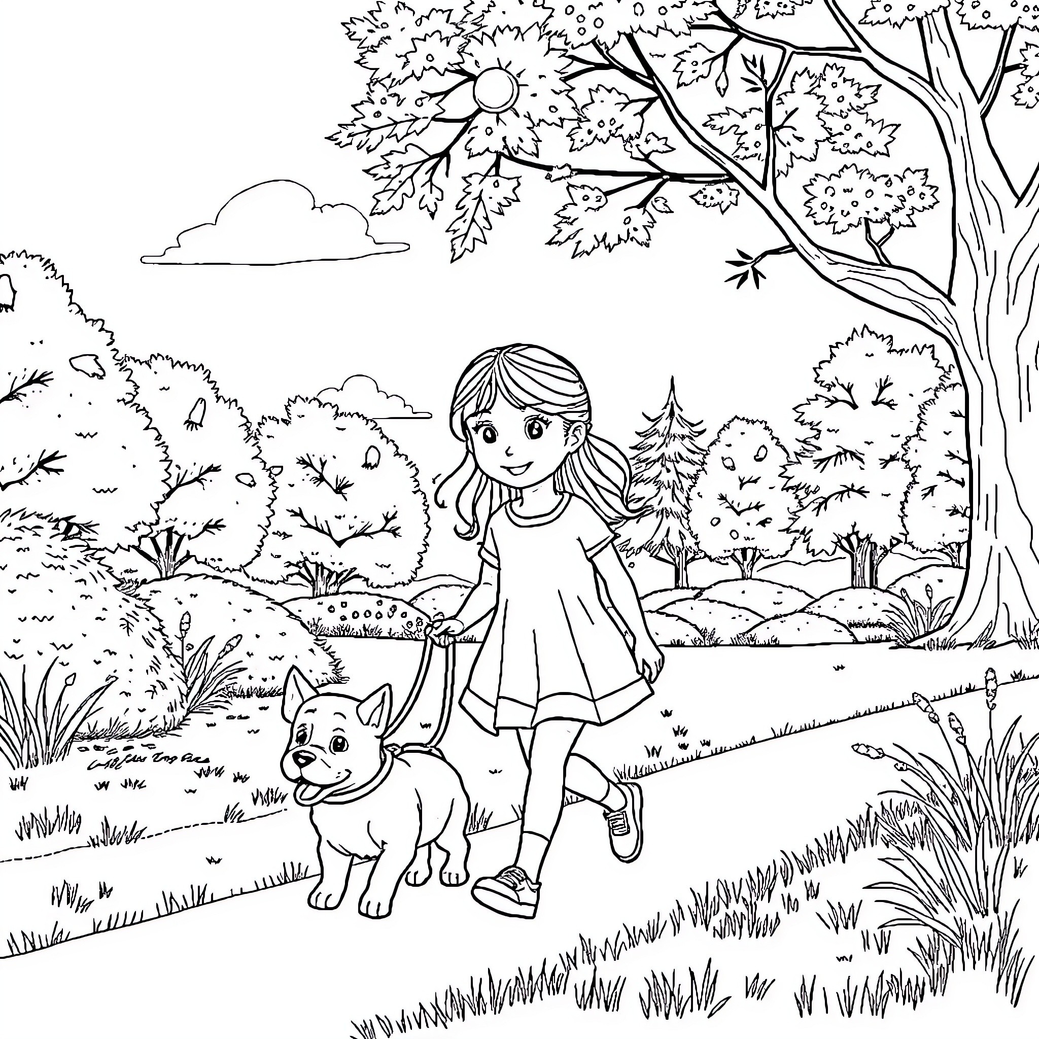 Girl walking her dog in the forest Coloring Page (free black-and-white line drawing printable PDF for all, from beginners to advanced learners, including children, teens, adults, and seniors)