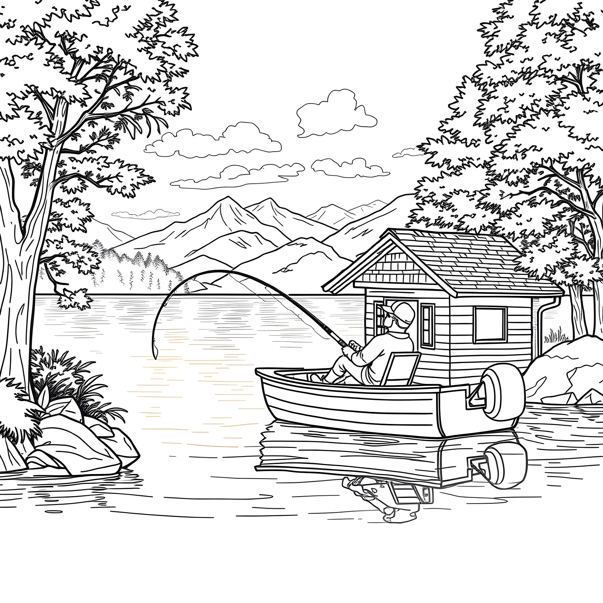 Baseball Player Fishing in a Tranquil Lake Coloring Page (free black-and-white line drawing printable PDF for all, from beginners to advanced learners, including children, teens, adults, and seniors)