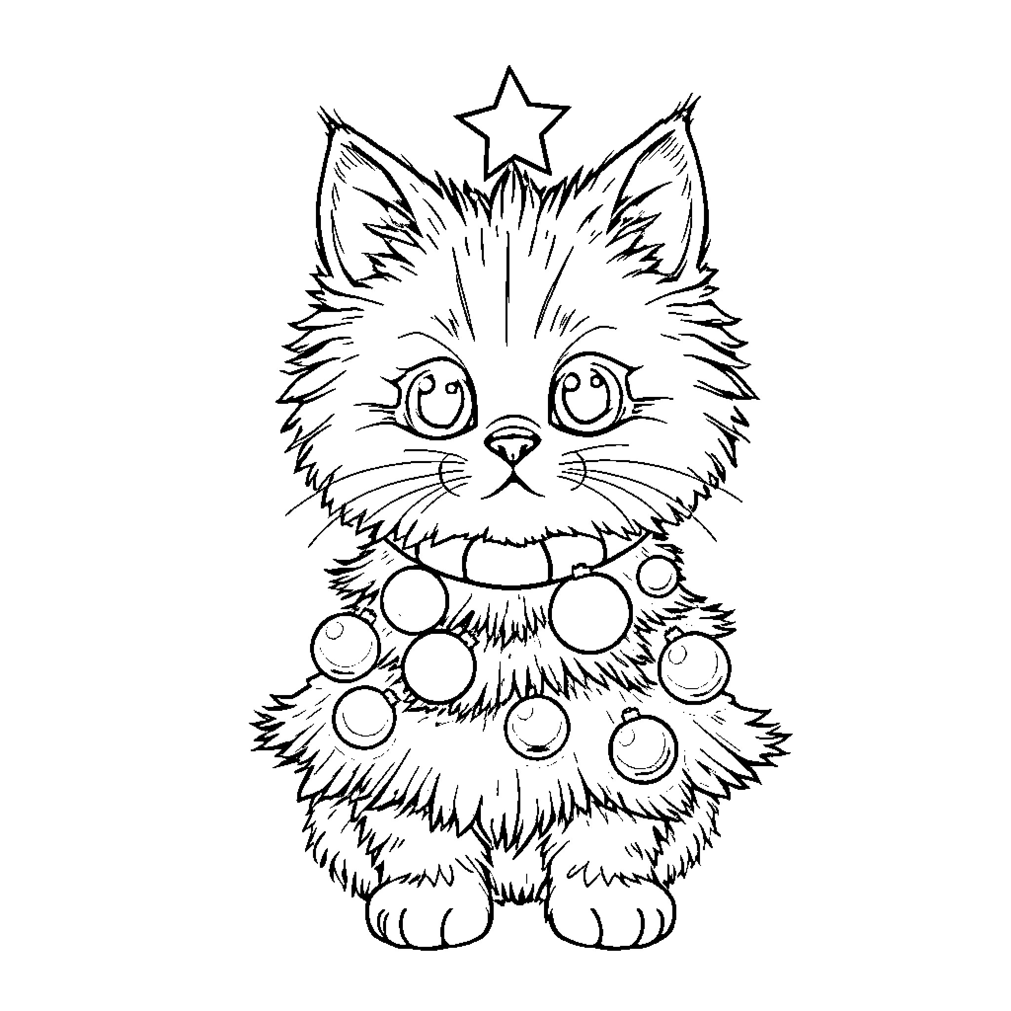 Cat as a festive decoration Coloring Page (free black-and-white line drawing printable PDF for all, from beginners to advanced learners, including children, teens, adults, and seniors)