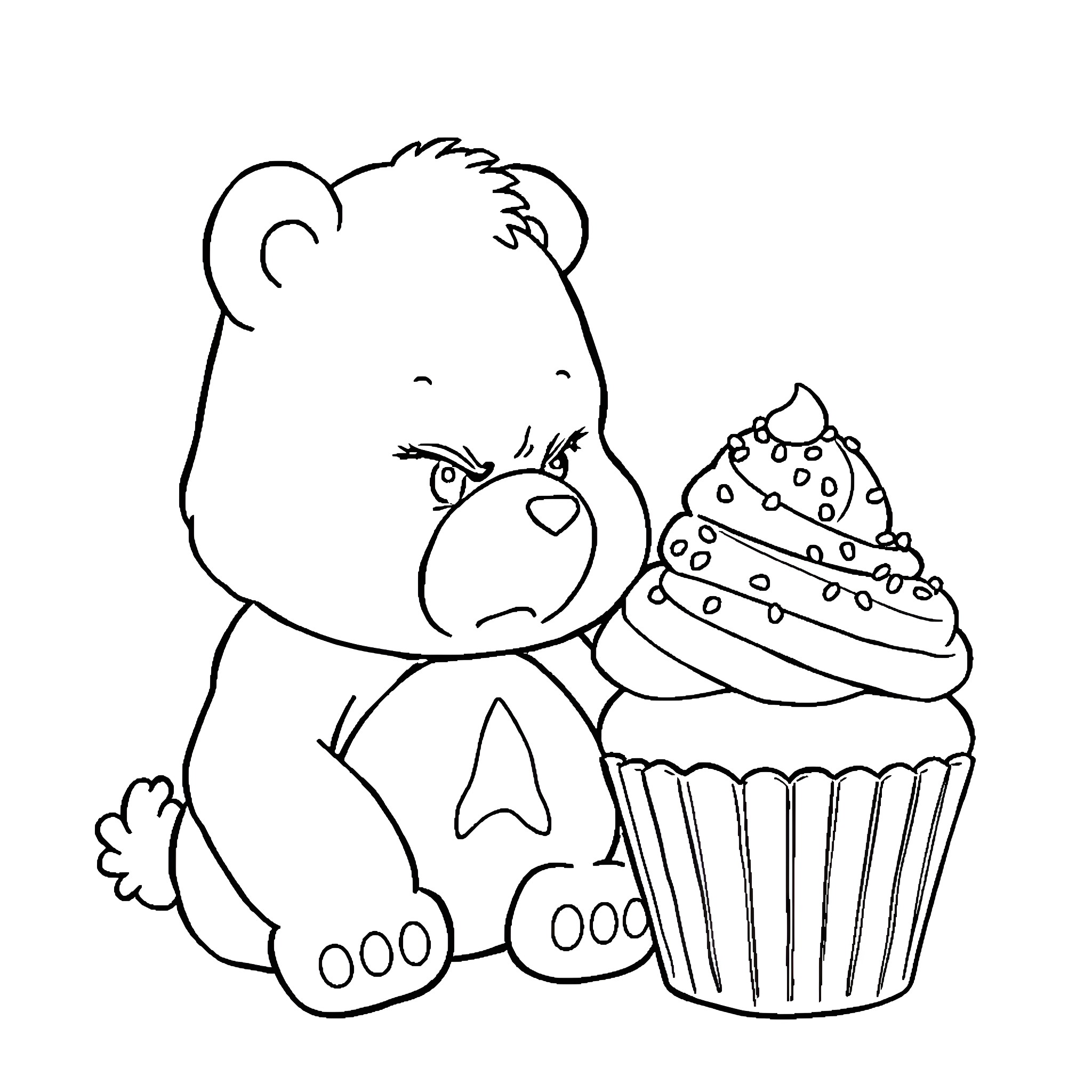 Care Bear enjoys a delicious cupcake treat Coloring Page (free black-and-white line drawing printable PDF for all, from beginners to advanced learners, including children, teens, adults, and seniors)