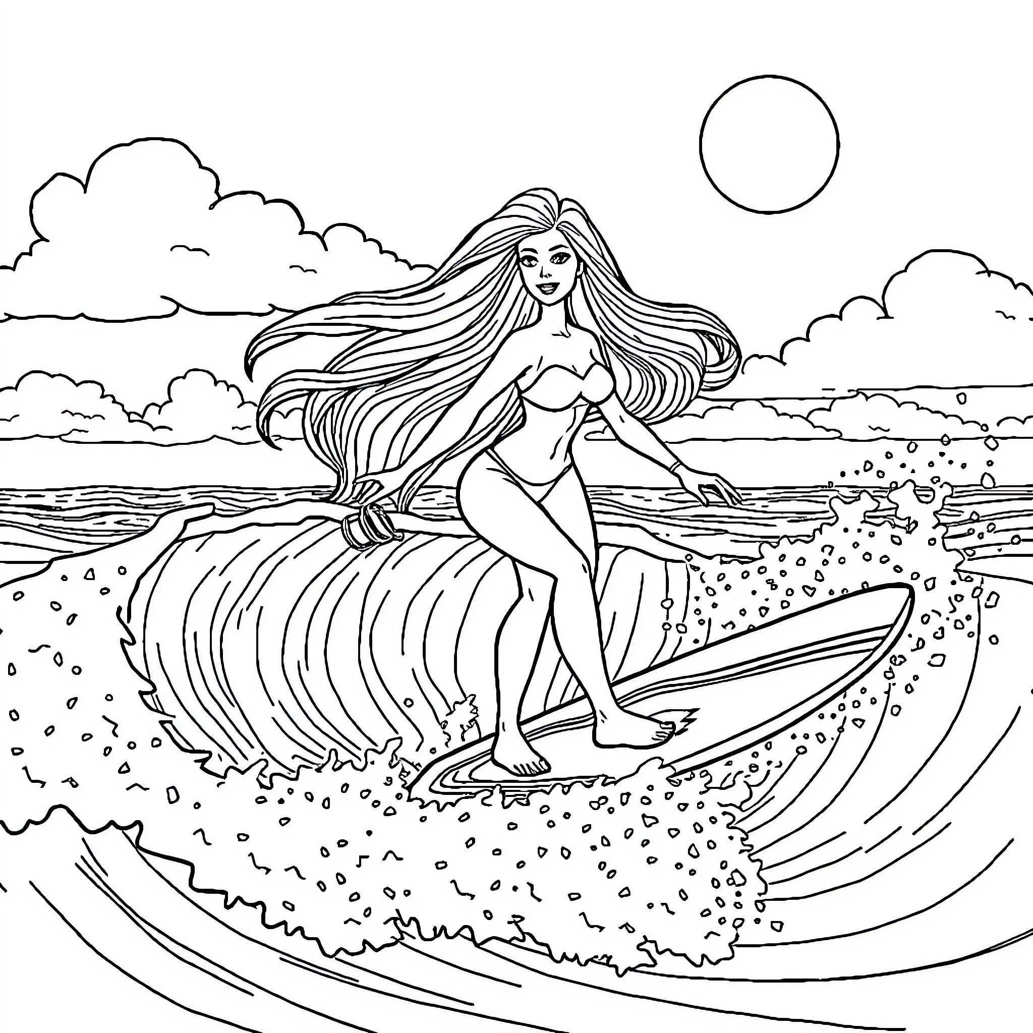 Barbie surfing the waves on a beautiful beach Coloring Page (free black-and-white line drawing printable PDF for all, from beginners to advanced learners, including children, teens, adults, and seniors)