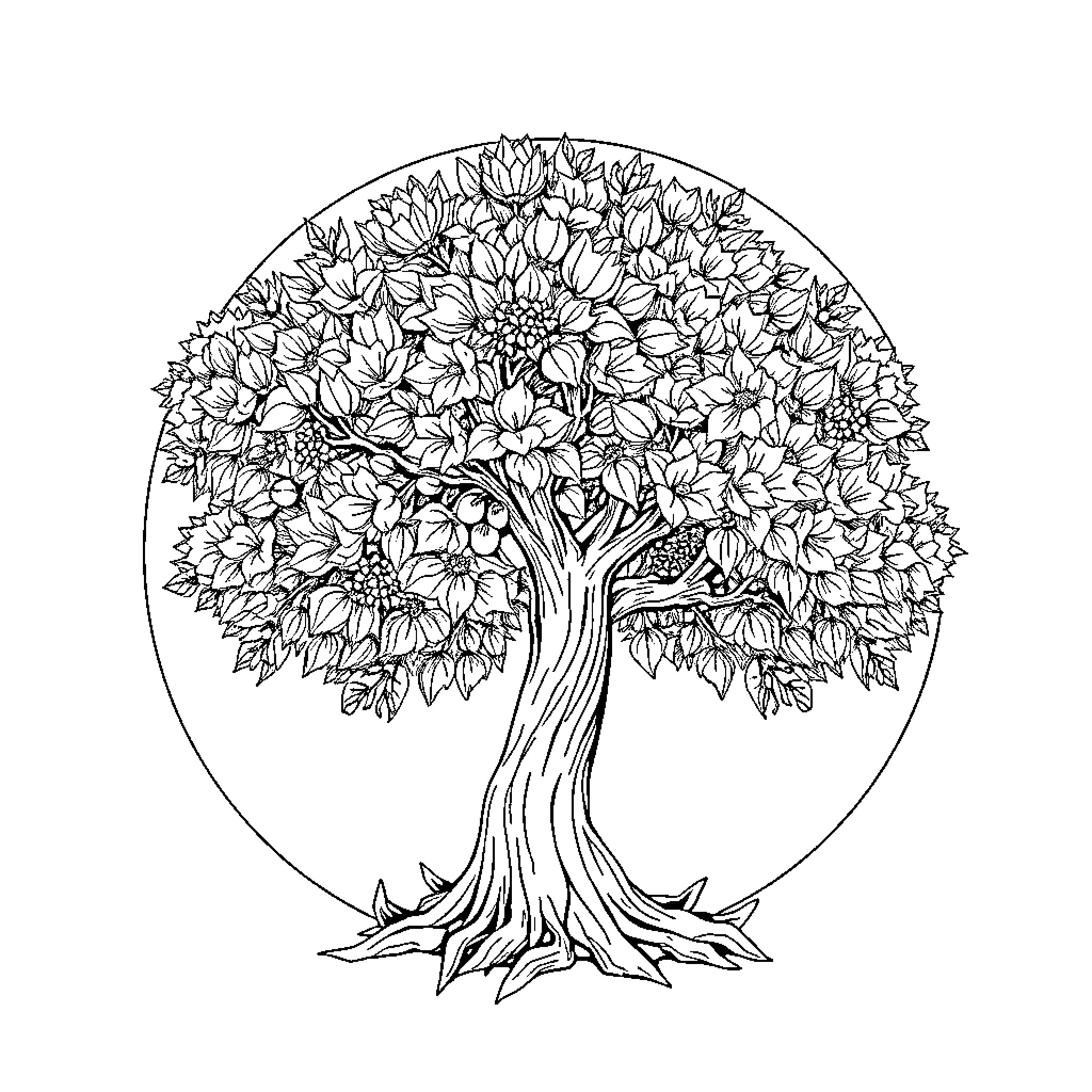 Tree of Blooming Flowers in a Circular Frame Coloring Page (free black-and-white line drawing printable PDF for all, from beginners to advanced learners, including children, teens, adults, and seniors)