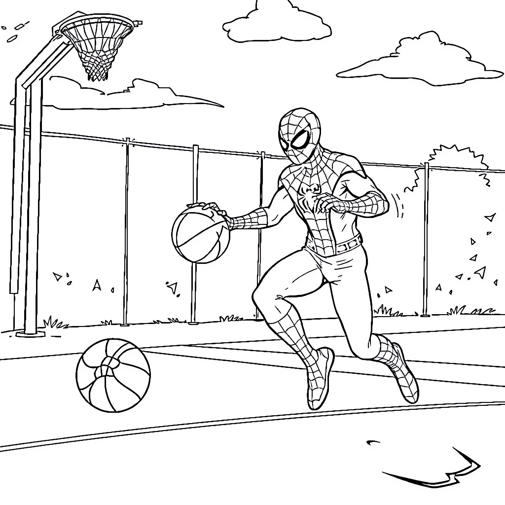 Spiderman playing basketball on the court Coloring Page (free black-and-white line drawing printable PDF for all, from beginners to advanced learners, including children, teens, adults, and seniors)