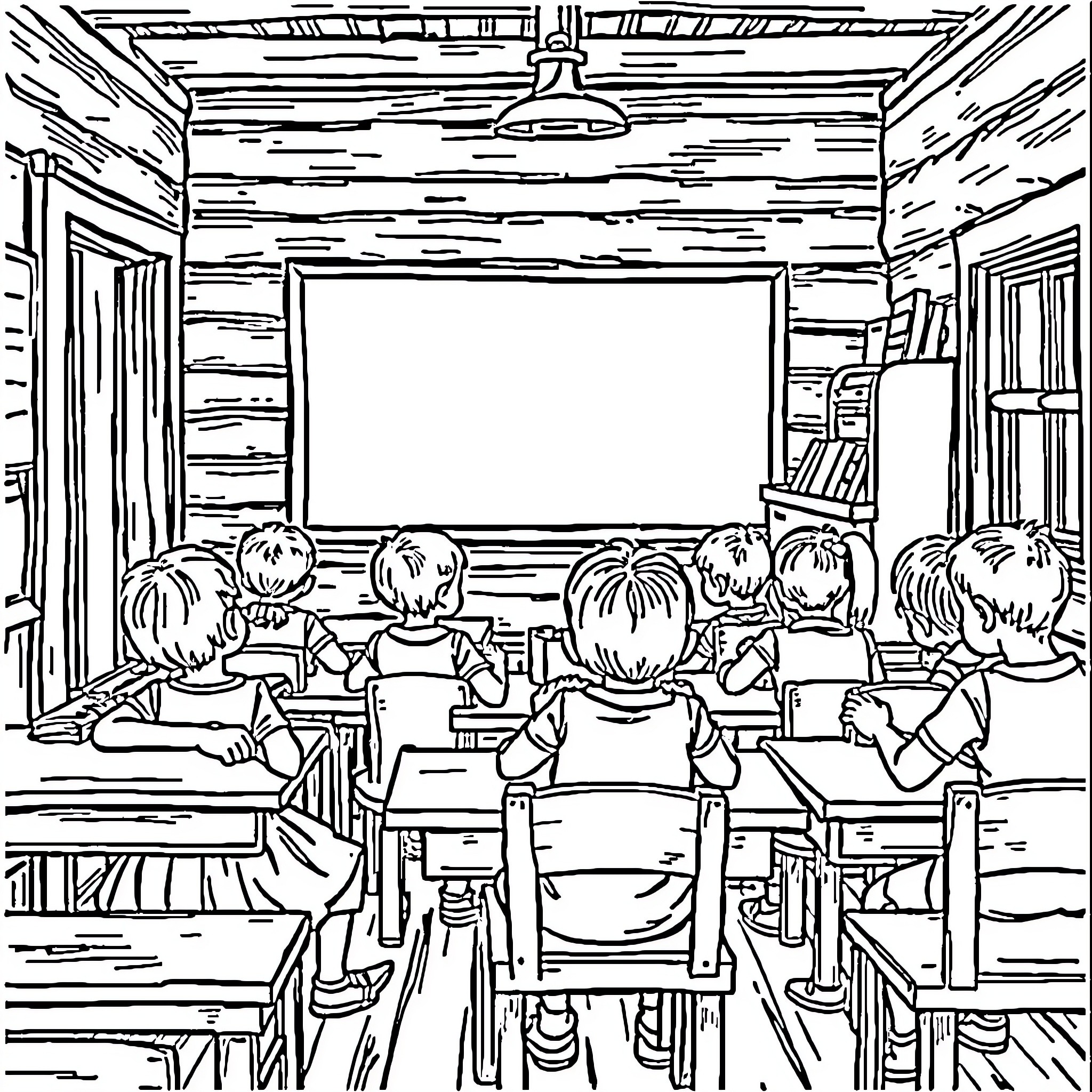Kid sitting in classroom during lesson Coloring Page (free black-and-white line drawing printable PDF for all, from beginners to advanced learners, including children, teens, adults, and seniors)