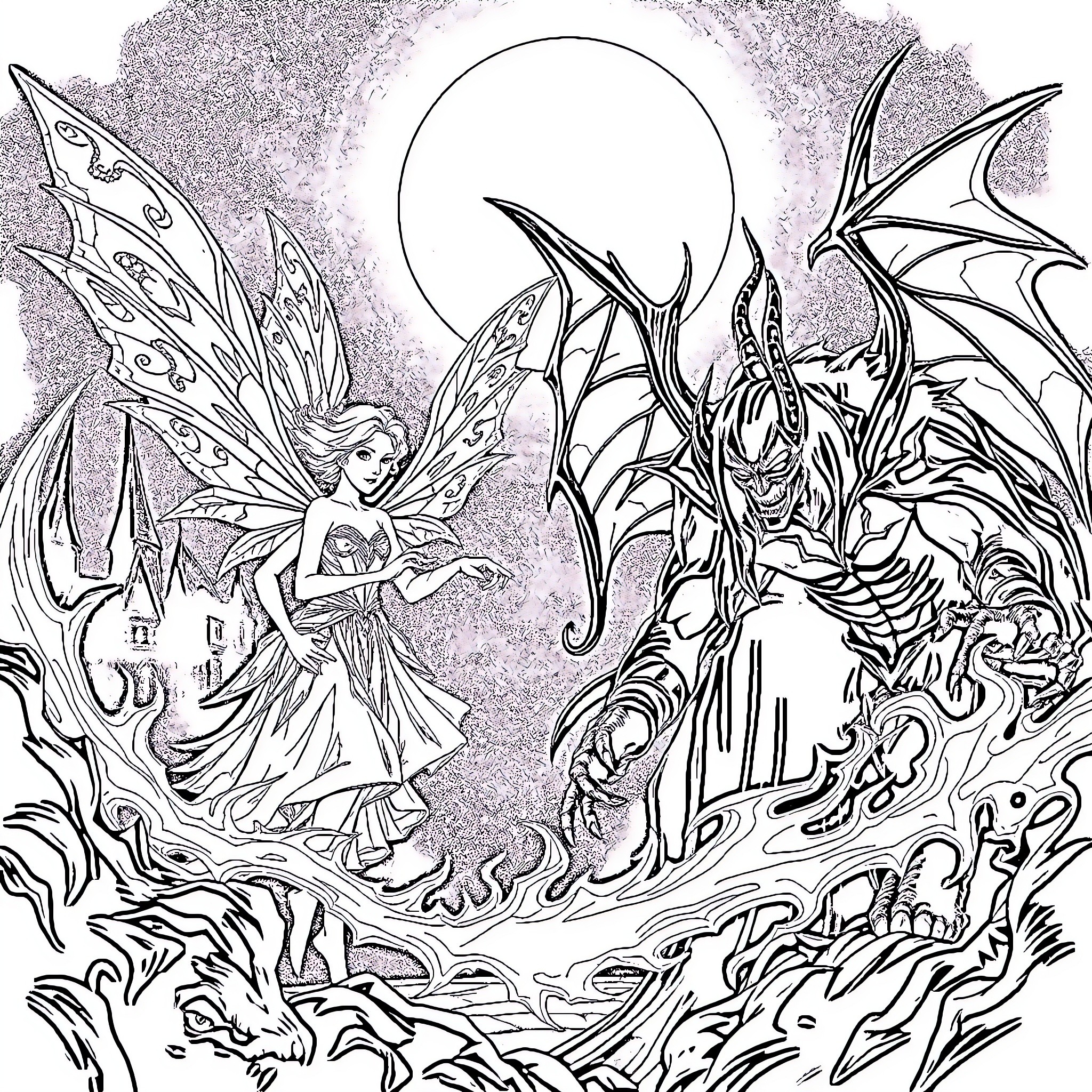 Fairy battles mighty dragon under moonlit sky Coloring Page (free black-and-white line drawing printable PDF for all, from beginners to advanced learners, including children, teens, adults, and seniors)