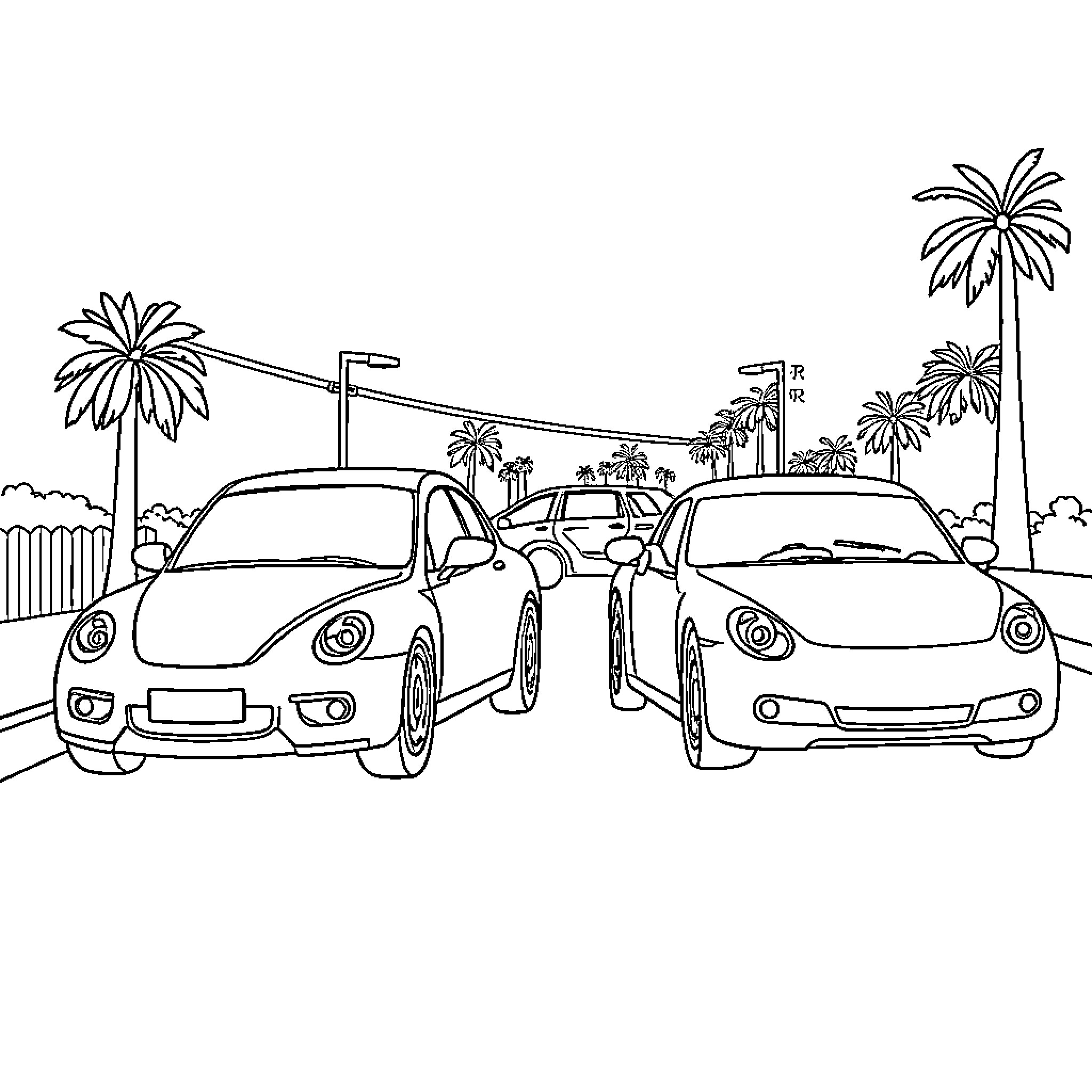 Car in tropical scene with palm trees Coloring Page (free black-and-white line drawing printable PDF for all, from beginners to advanced learners, including children, teens, adults, and seniors)