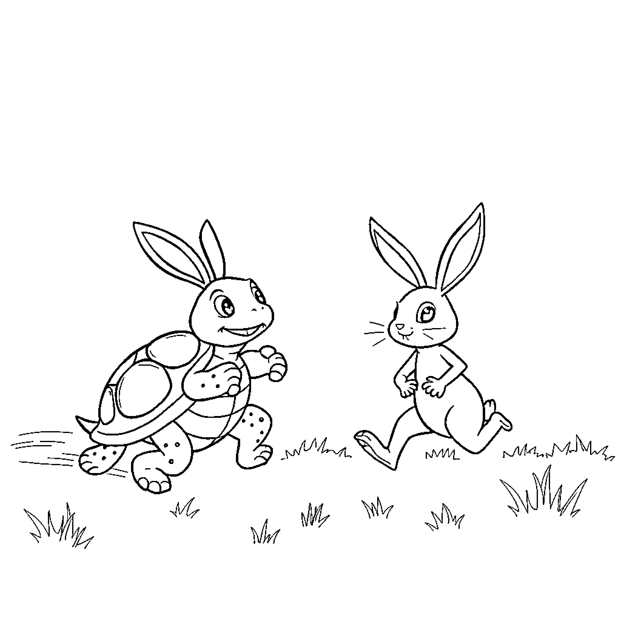Turtle and rabbit racing in the grass Coloring Page (free black-and-white line drawing printable PDF for all, from beginners to advanced learners, including children, teens, adults, and seniors)