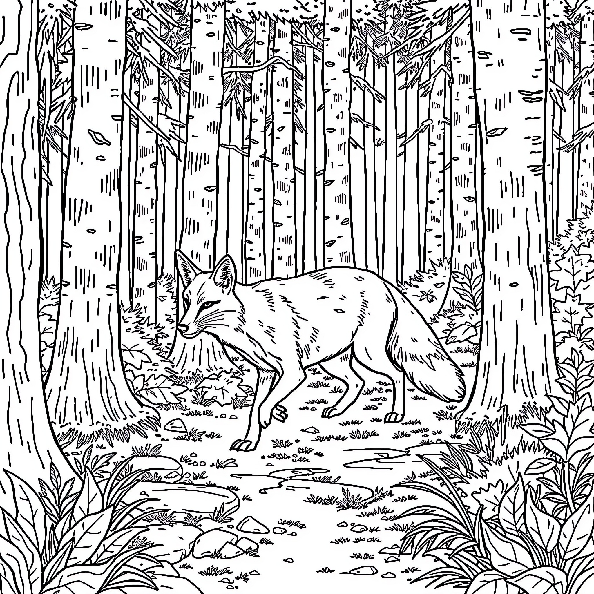 Fox prowling through the enchanted forest Coloring Page (free black-and-white line drawing printable PDF for all, from beginners to advanced learners, including children, teens, adults, and seniors)
