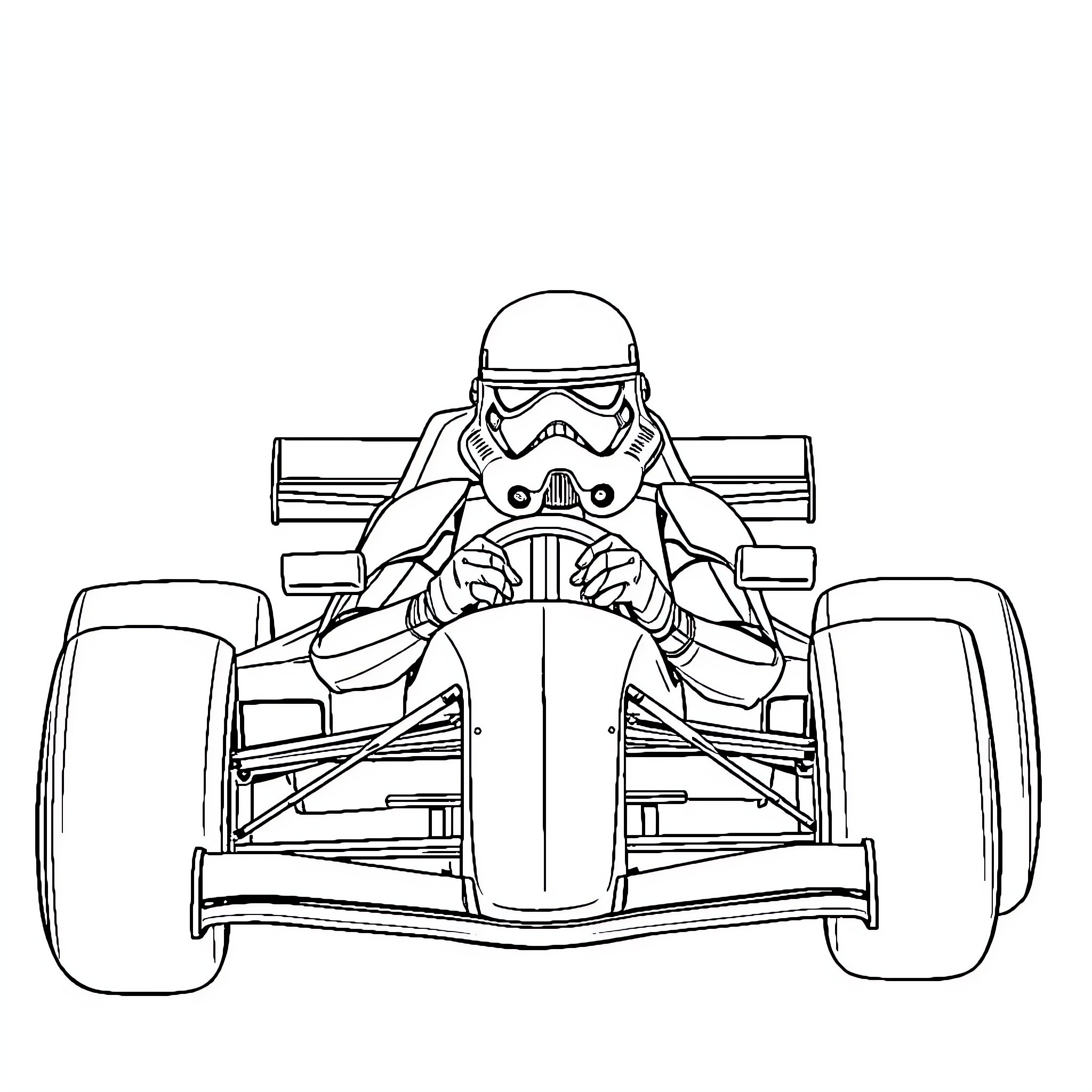 Stormtrooper Pilot Racing in Formula Race Car Coloring Page (free black-and-white line drawing printable PDF for all, from beginners to advanced learners, including children, teens, adults, and seniors)