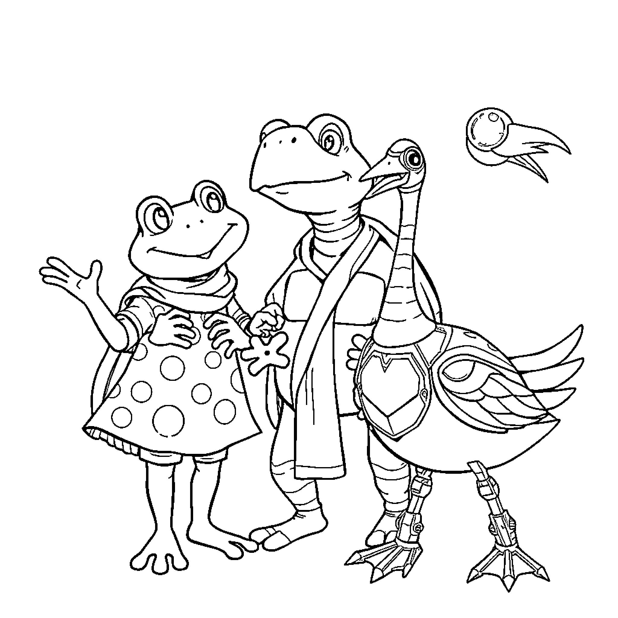 Friend Frogs in Fantastical Outfits Coloring Page (free black-and-white line drawing printable PDF for all, from beginners to advanced learners, including children, teens, adults, and seniors)