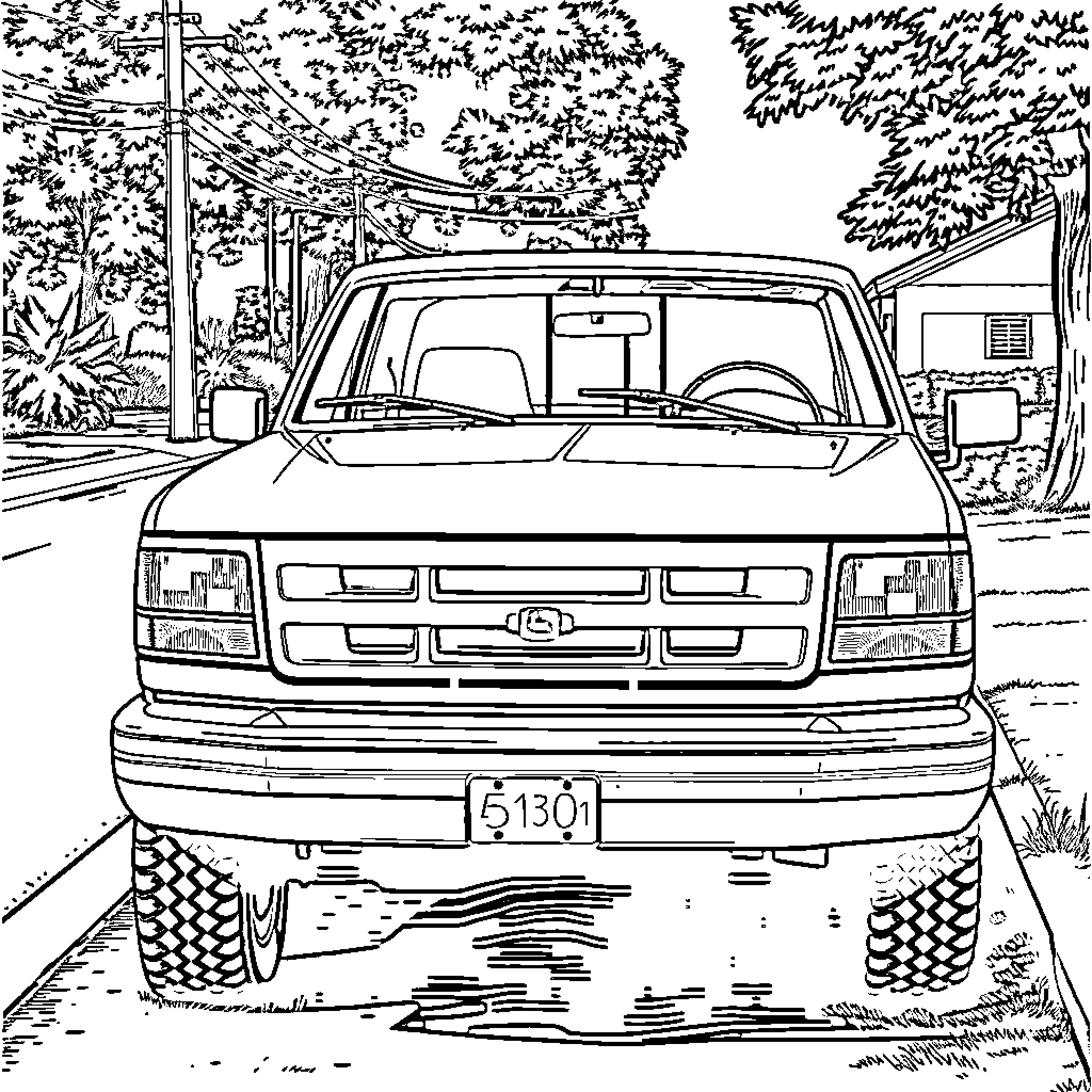 Ford Truck off-roading in forested area Coloring Page (free black-and-white line drawing printable PDF for all, from beginners to advanced learners, including children, teens, adults, and seniors)