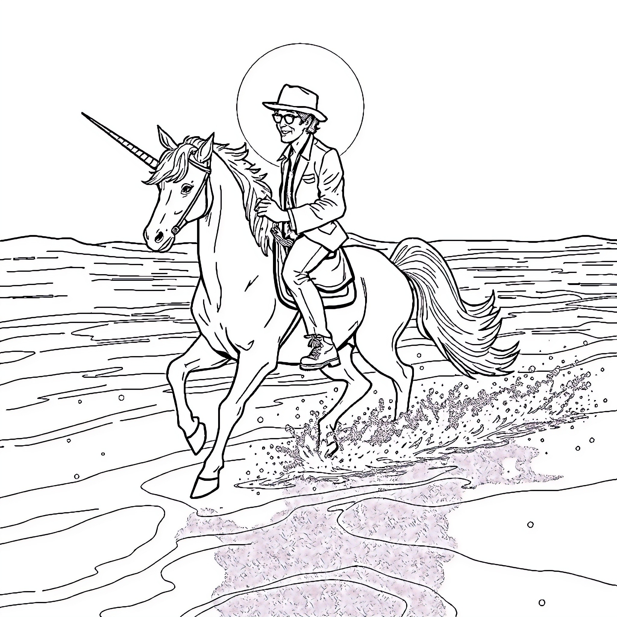 Bob Dylan riding a unicorn across the ocean Coloring Page (free black-and-white line drawing printable PDF for all, from beginners to advanced learners, including children, teens, adults, and seniors)