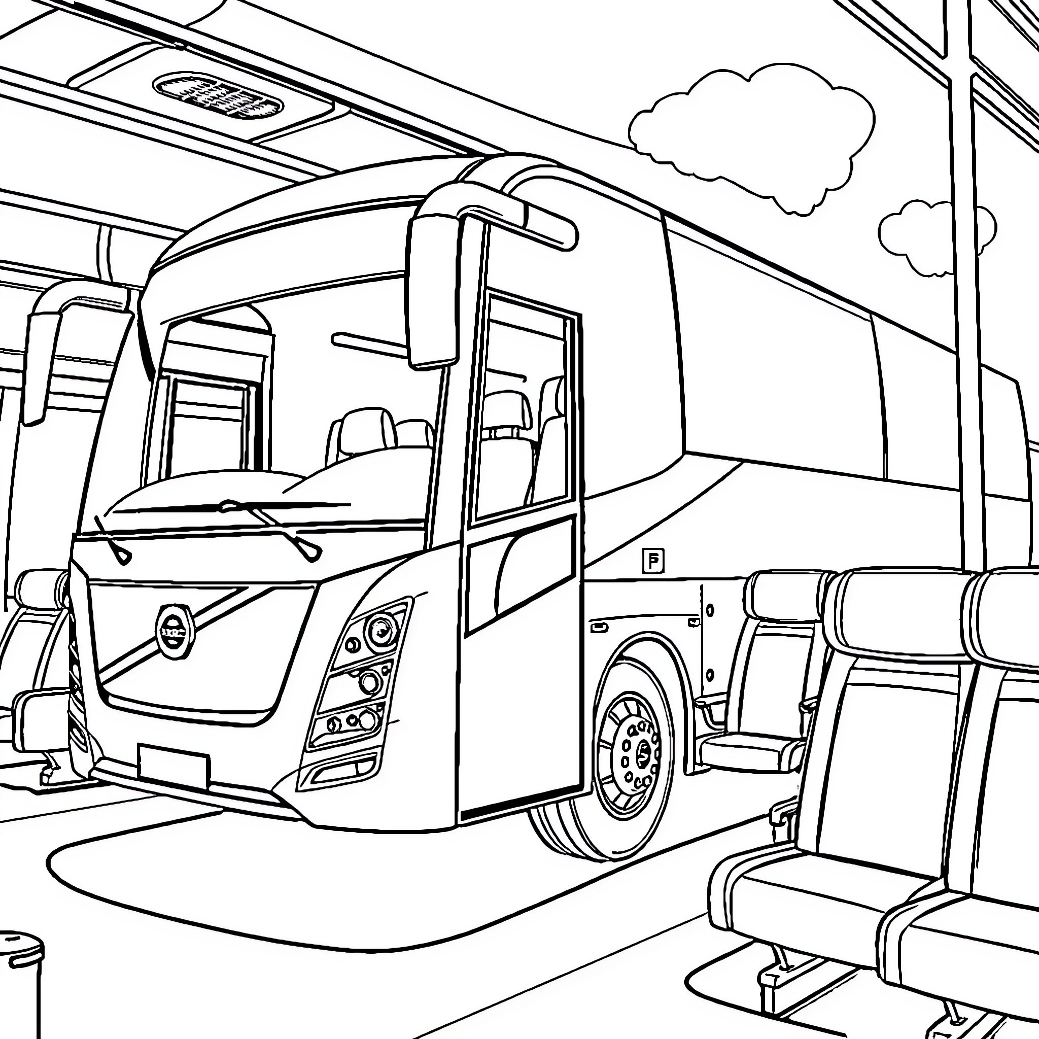 Volvo B7TL bus on the road Coloring Page (free black-and-white line drawing printable PDF for all, from beginners to advanced learners, including children, teens, adults, and seniors)