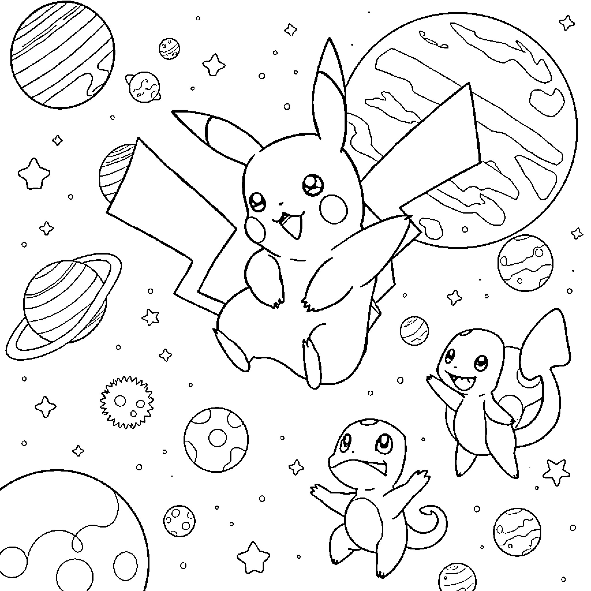 Pikachu and Pokemon Friends in Space Coloring Page (free black-and-white line drawing printable PDF for all, from beginners to advanced learners, including children, teens, adults, and seniors)