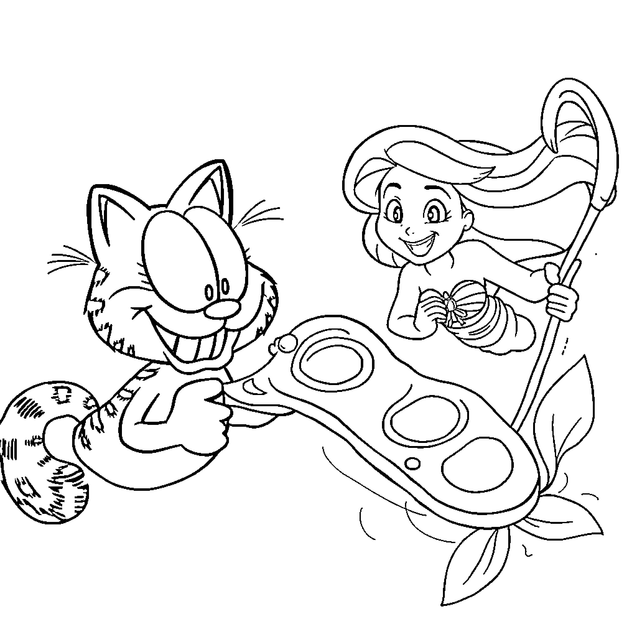 Garfield and Mermaid Exploring Underwater World Coloring Page (free black-and-white line drawing printable PDF for all, from beginners to advanced learners, including children, teens, adults, and seniors)