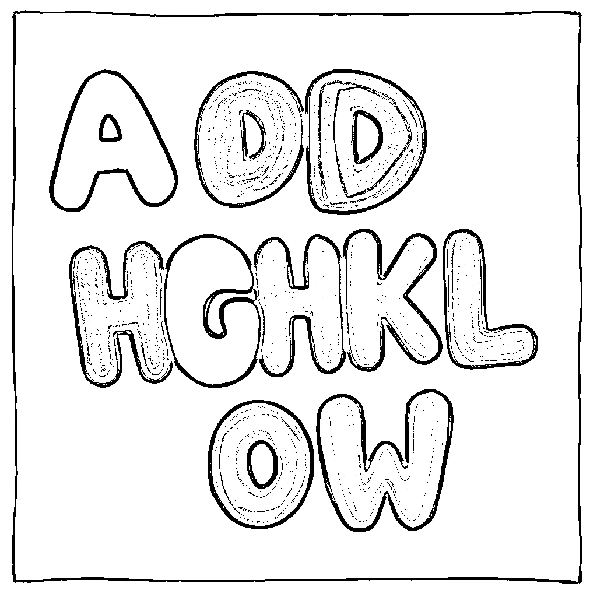 Abecedario of playful and expressive lettering Coloring Page (free black-and-white line drawing printable PDF for all, from beginners to advanced learners, including children, teens, adults, and seniors)