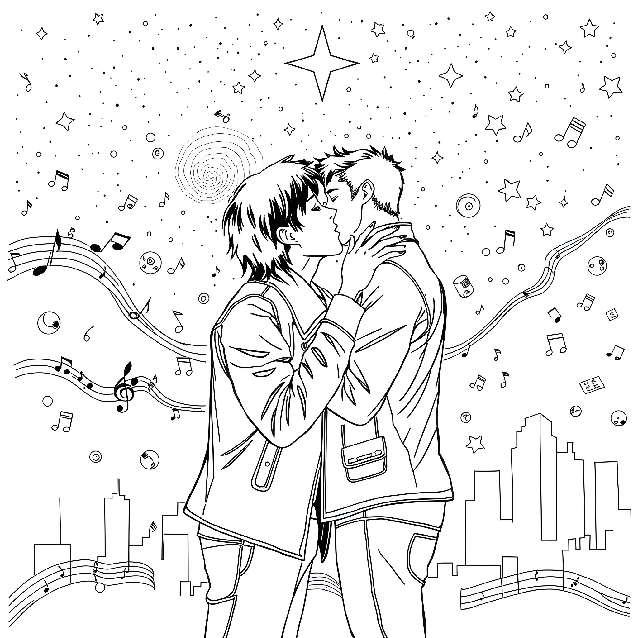 Frank Iero's Passionate Embrace under the Starry Sky Coloring Page (free black-and-white line drawing printable PDF for all, from beginners to advanced learners, including children, teens, adults, and seniors)