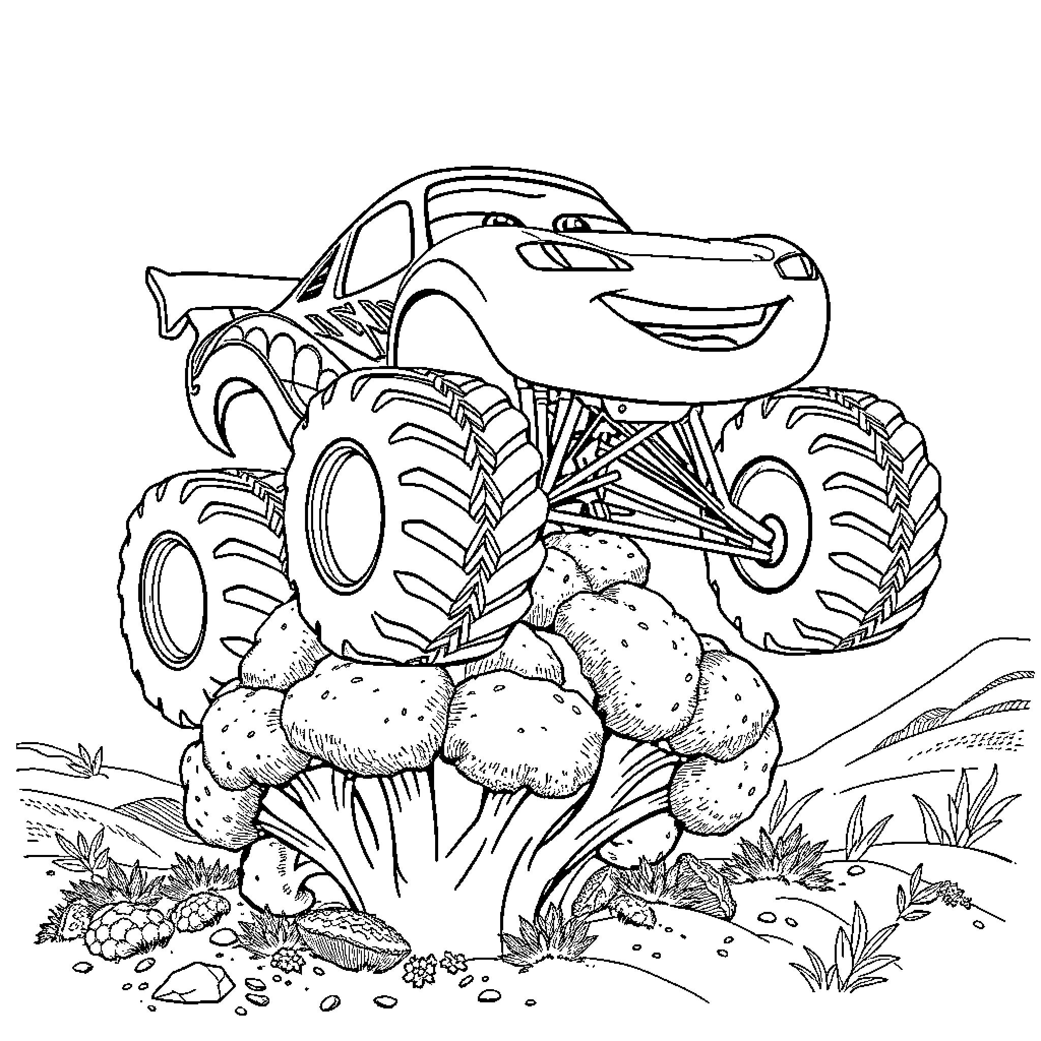 Lightning McQueen's Monster Truck Adventure Coloring Page (free black-and-white line drawing printable PDF for all, from beginners to advanced learners, including children, teens, adults, and seniors)