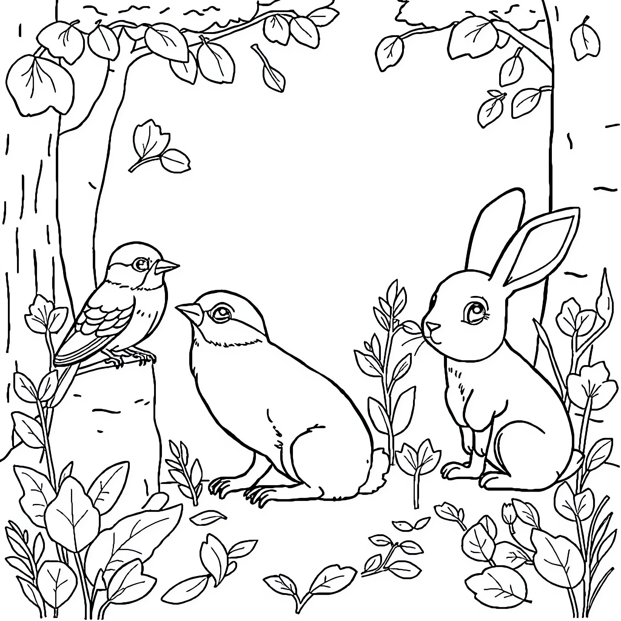 Animal friends in a spring nature scene Coloring Page (free black-and-white line drawing printable PDF for all, from beginners to advanced learners, including children, teens, adults, and seniors)