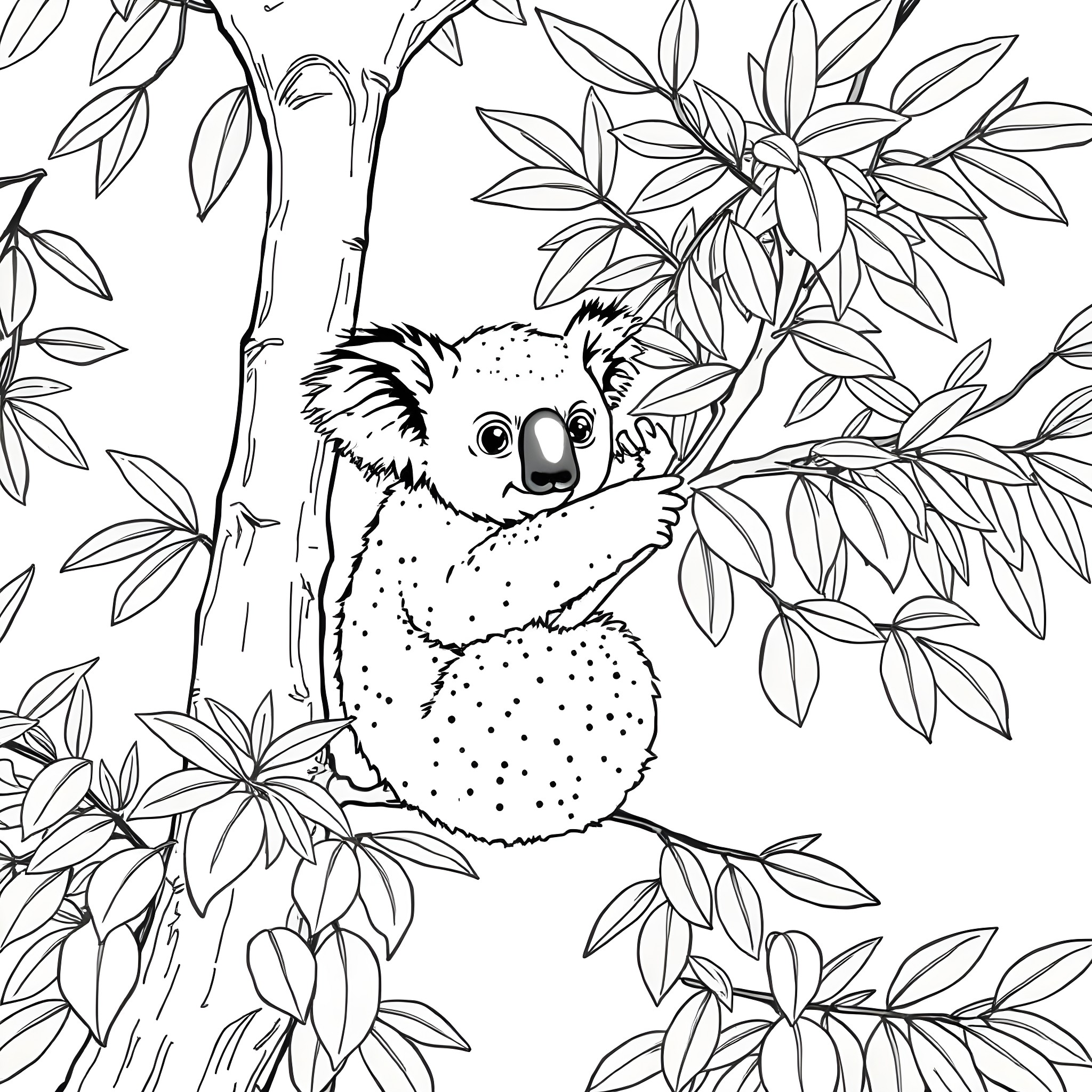 Koala clinging to tree branch surrounded by leaves Coloring Page (free black-and-white line drawing printable PDF for all, from beginners to advanced learners, including children, teens, adults, and seniors)