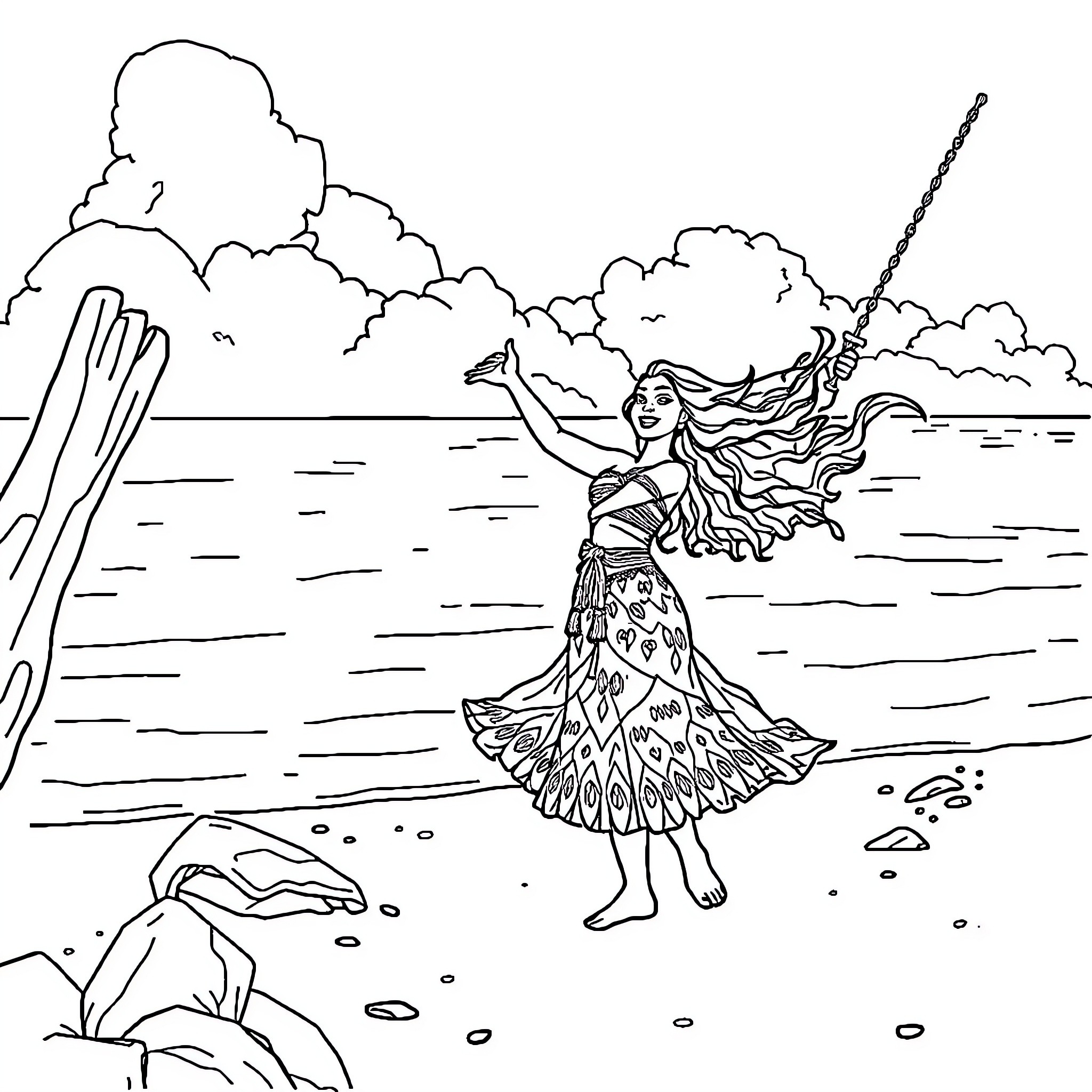 Moana exploring the sea with a magical lasso Coloring Page (free black-and-white line drawing printable PDF for all, from beginners to advanced learners, including children, teens, adults, and seniors)