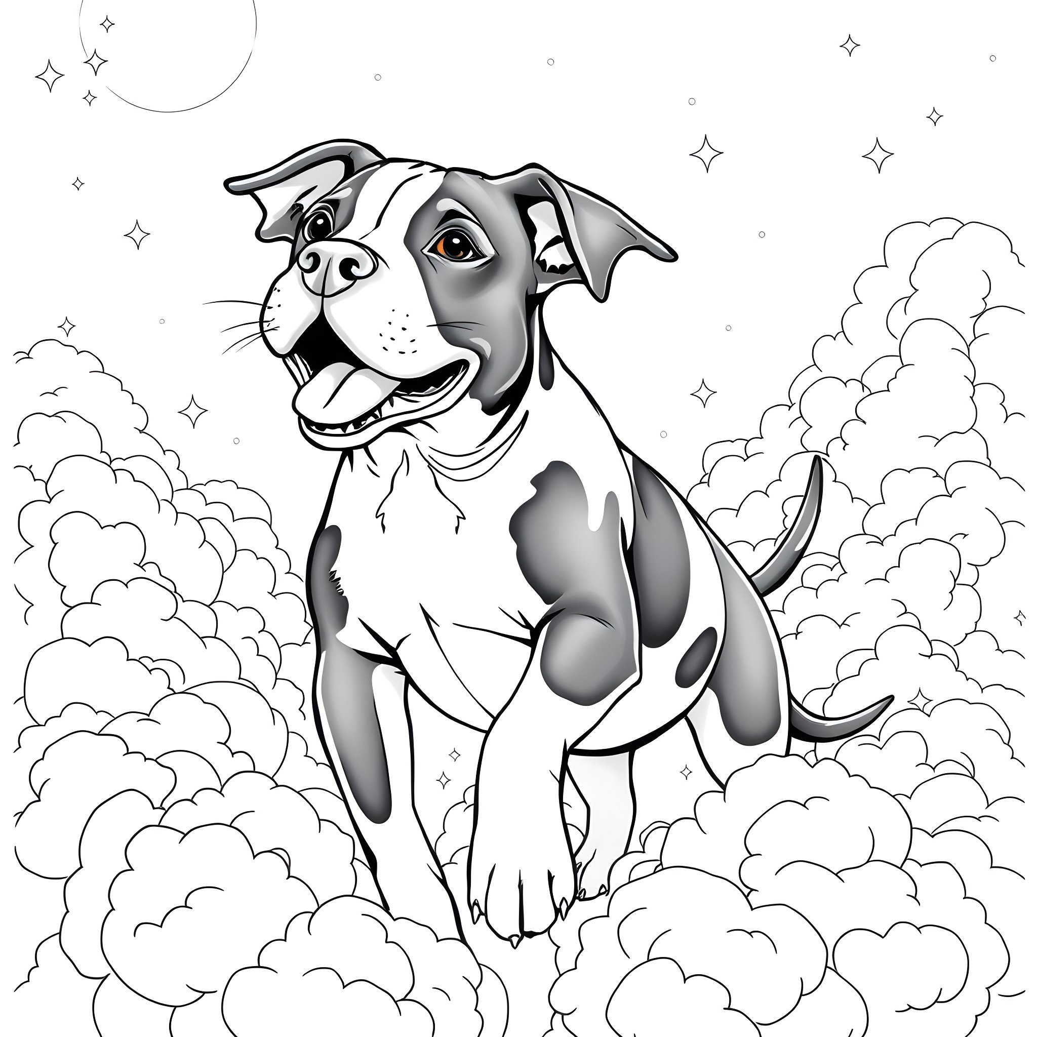 Pitbull Enjoying a Starry Night Outdoors Coloring Page (free black-and-white line drawing printable PDF for all, from beginners to advanced learners, including children, teens, adults, and seniors)