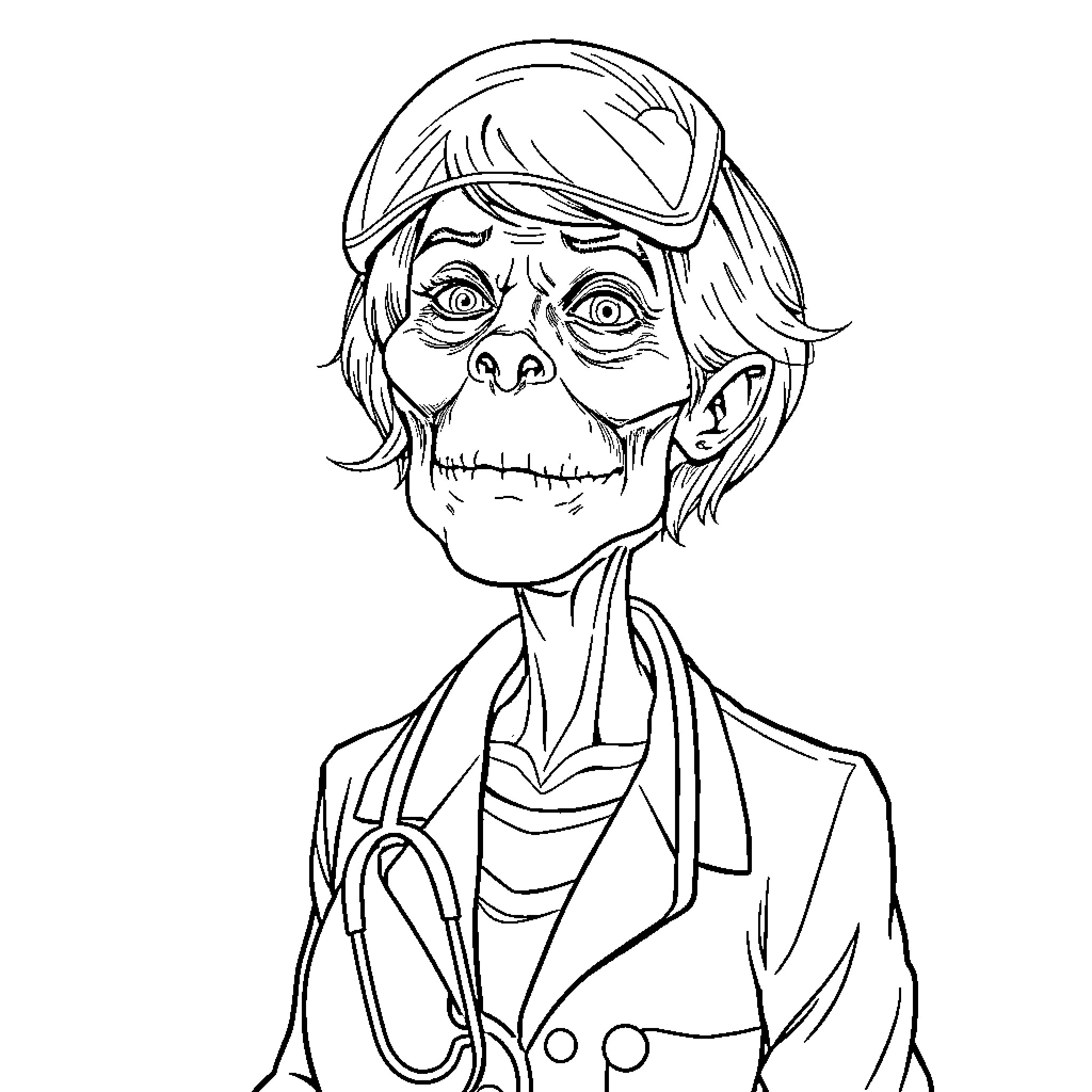 Lady in Spooky Costume with Menacing Expression Coloring Page (free black-and-white line drawing printable PDF for all, from beginners to advanced learners, including children, teens, adults, and seniors)